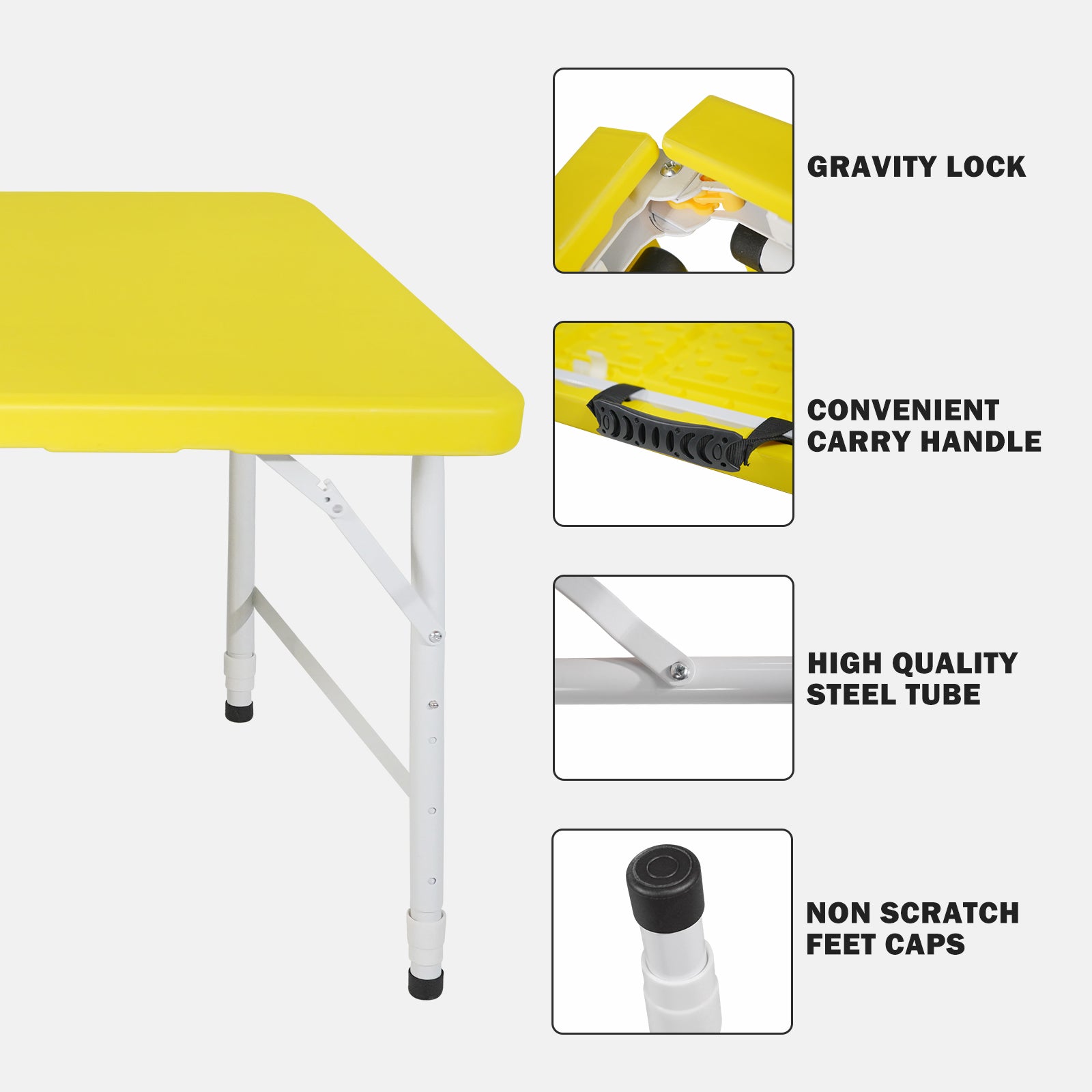 Portable Heavy Duty Folding Table with Handle, Adjustable Height Multi-Functional Table, Yellow