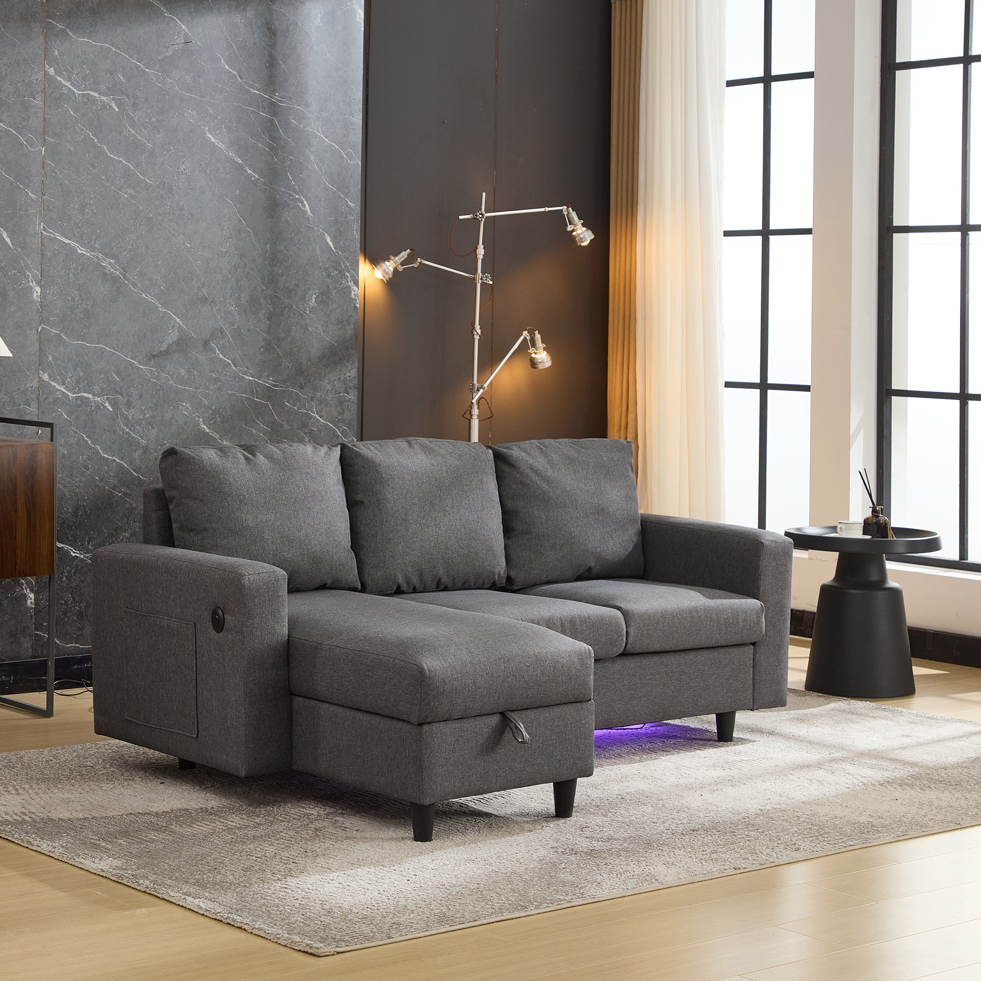 L-Shaped Sofa Bed, 3 Seater Convertible Sectional with Storage, USB & LED, Grey