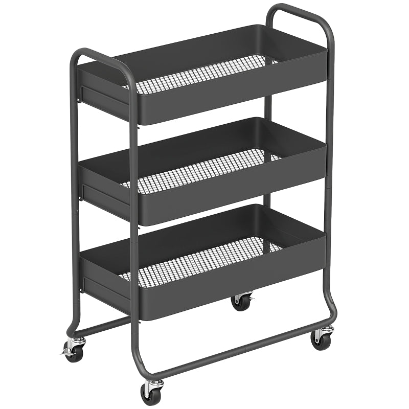 3-Tier Storage Trolley Rolling Utility Cart with Mesh Baskets Black