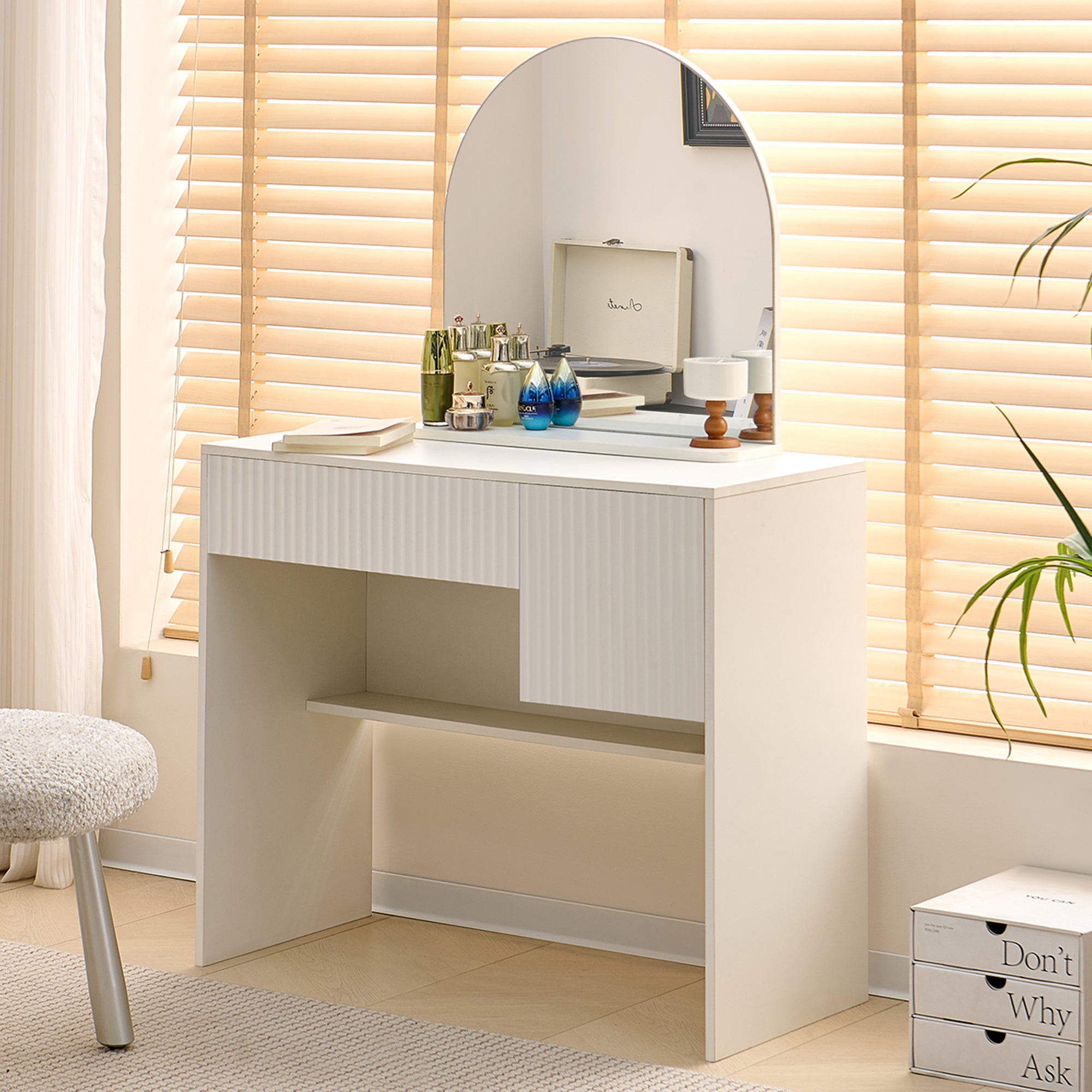 Dressing Table with Mirror, Drawers & Open Shelves - White