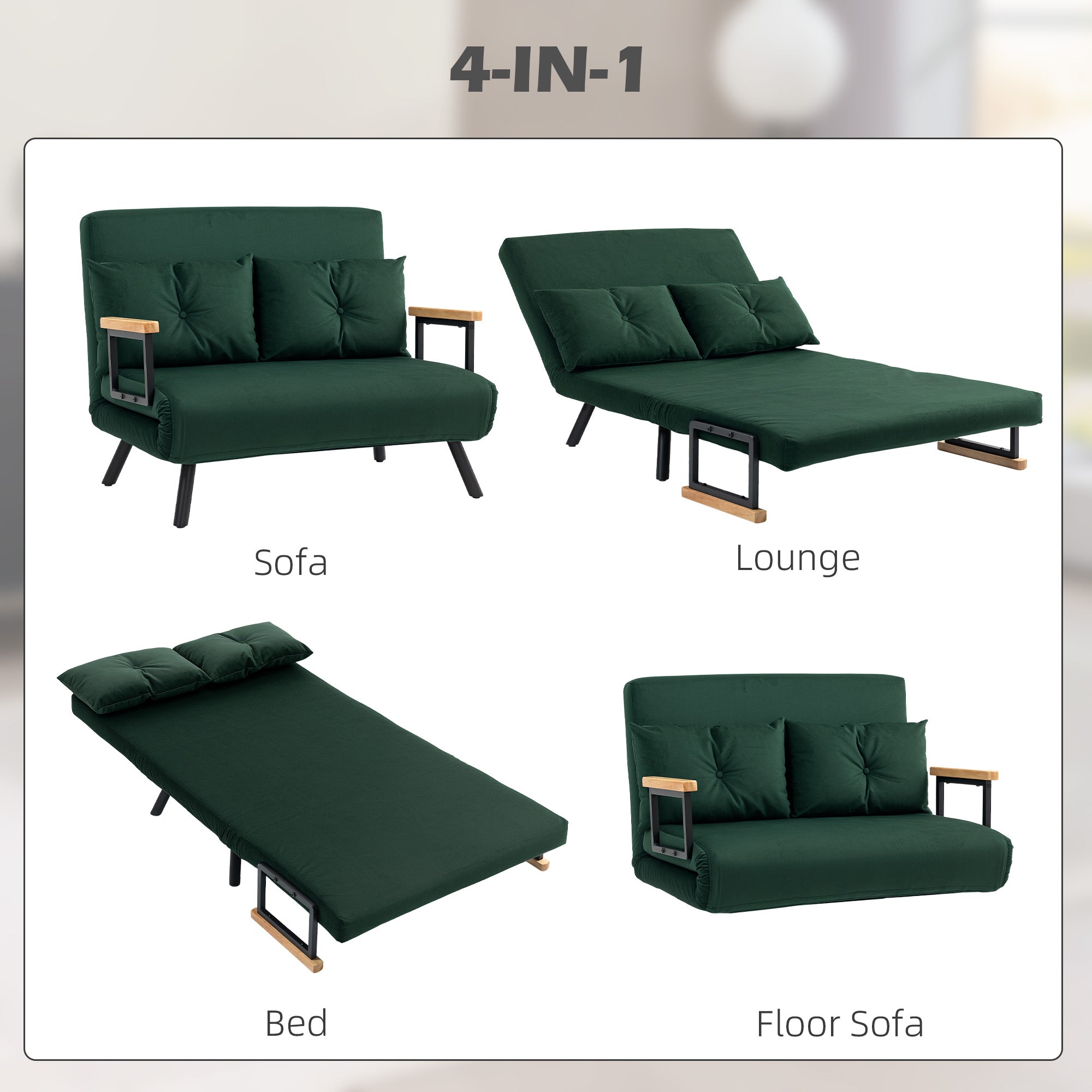 Double Sofa Bed 4-in-1 Convertible with Pillows Velvet-Feel Green