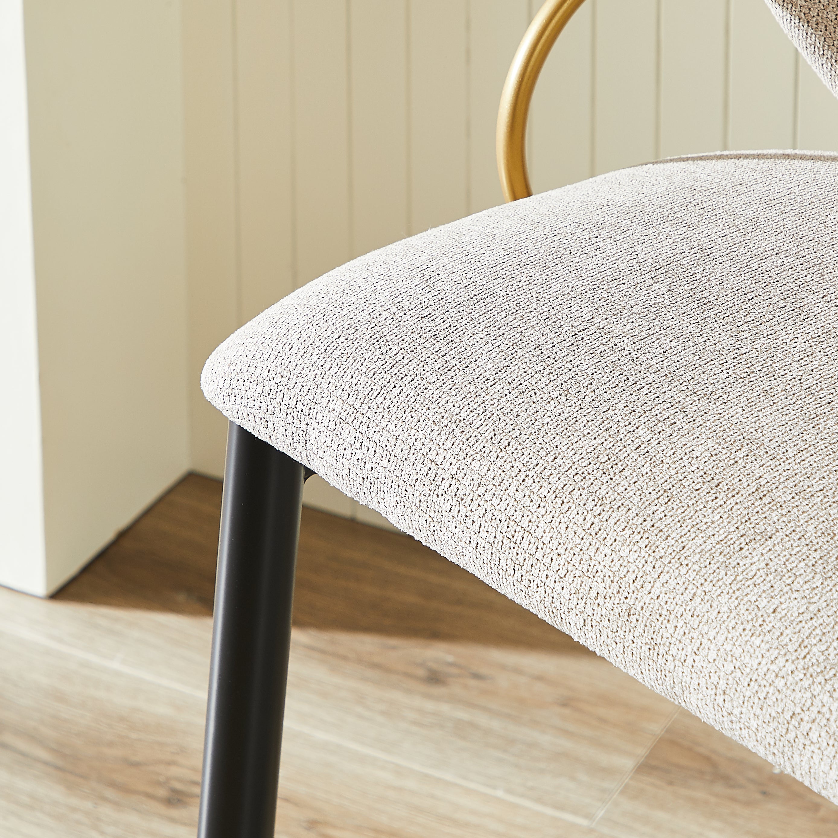 Set of 2 Bar Stools Adjustable Height Backrest Footrest - Chenille Light Brown/Black Gold