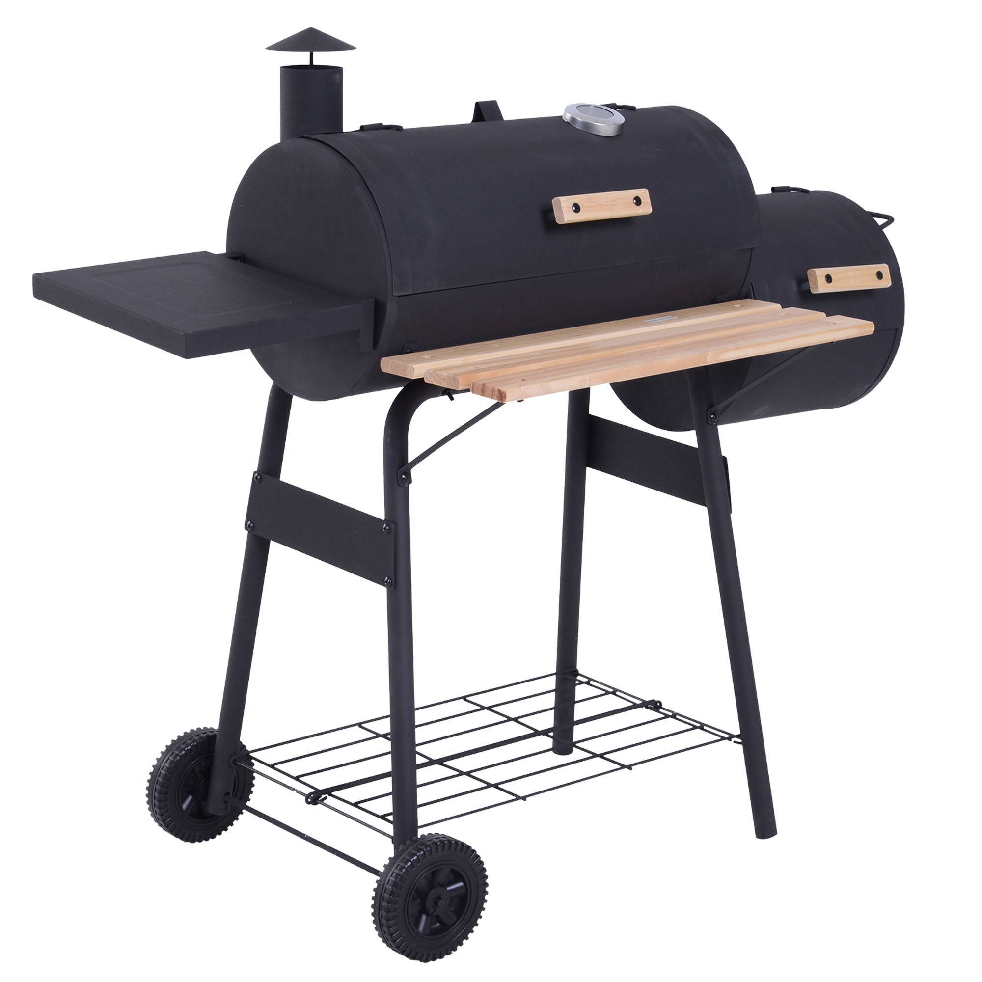 Portable Charcoal BBQ Grill, Cold-rolled Steel & Solid Wood, Black