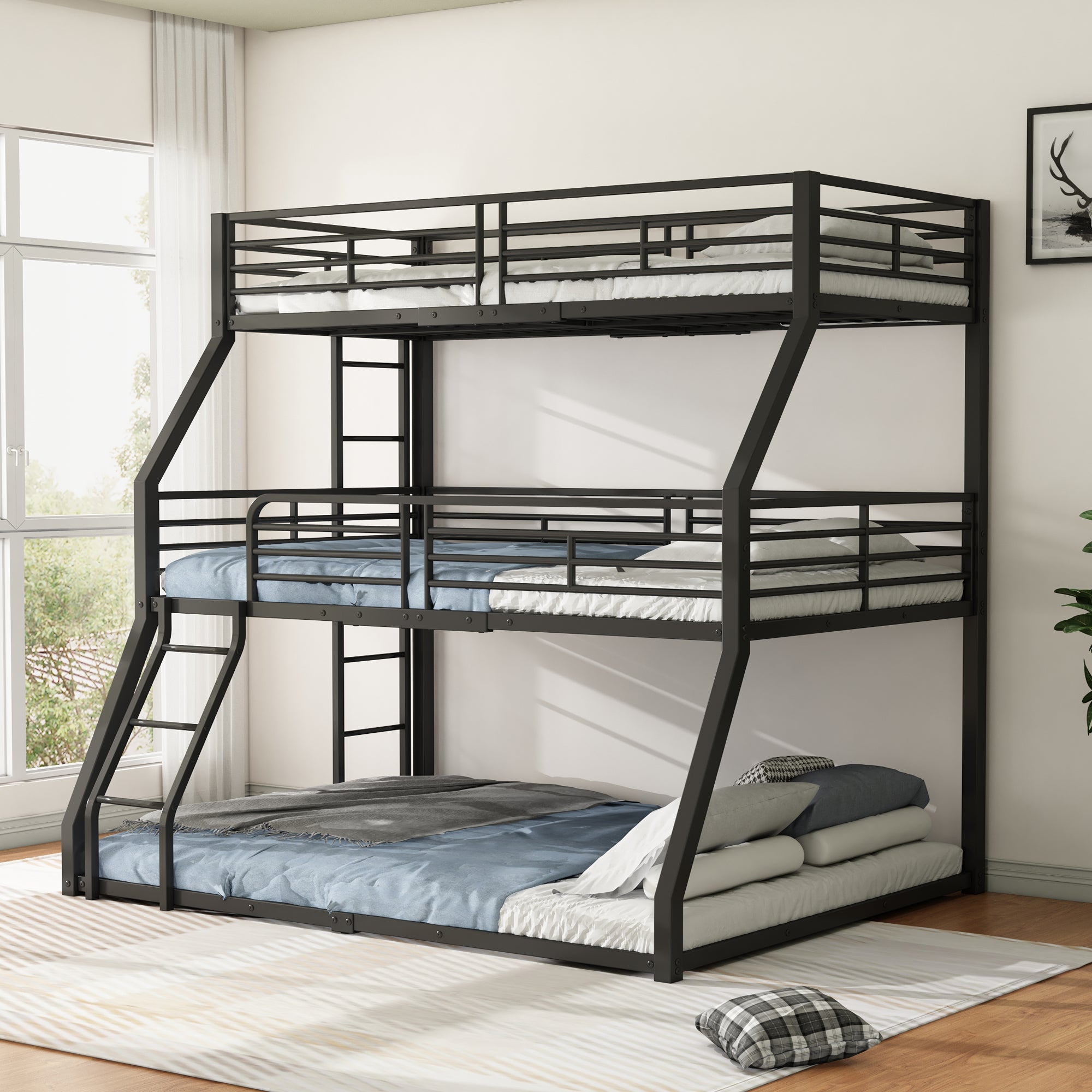 Bunk Bed, Triple Design, Metal Frame, Multi-Size (90/120/140 x 200 cm), Black