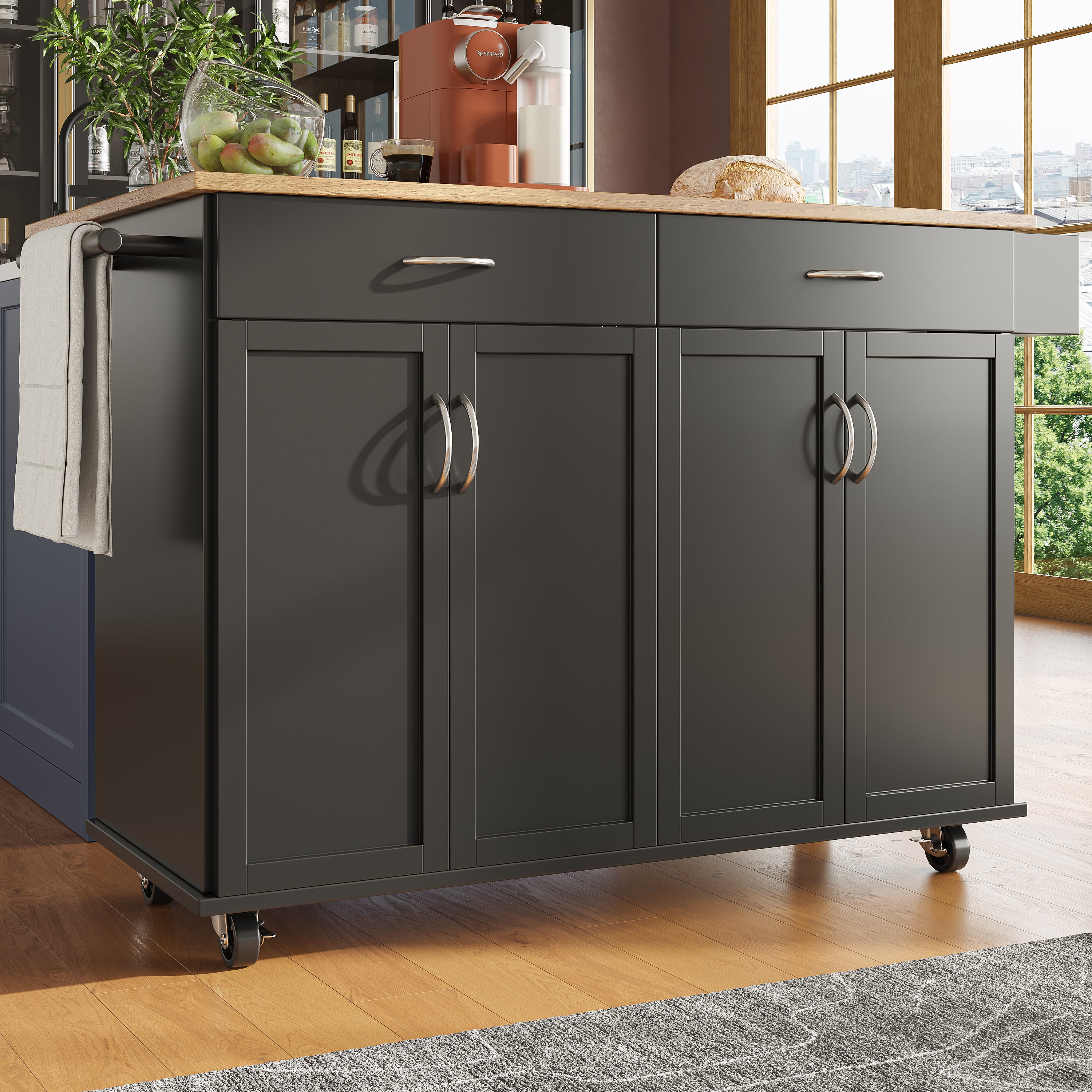Kitchen Island, Multifunctional with Storage, Wood Grain, Black