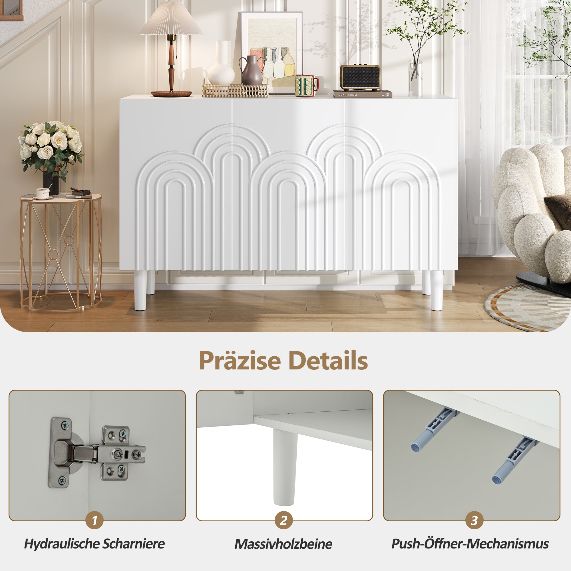 Sideboard Cabinet, 3 Doors Large Storage Adjustable Divider, White MDF