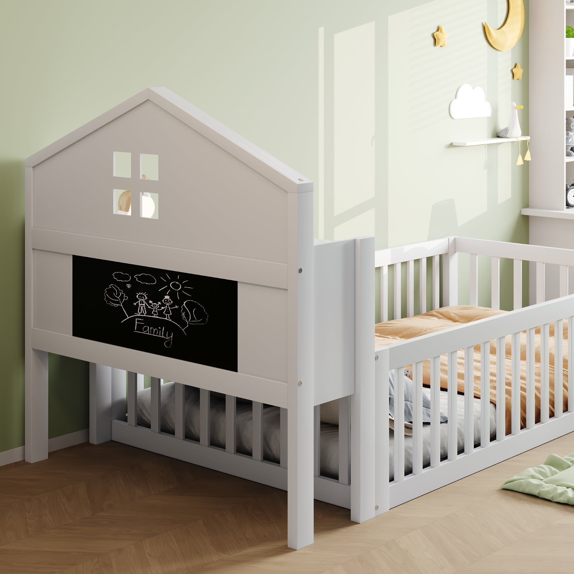 Children's Bed 90x200, Solid Wood Frame with Shelves, Storage, Safety Gate & Door, White