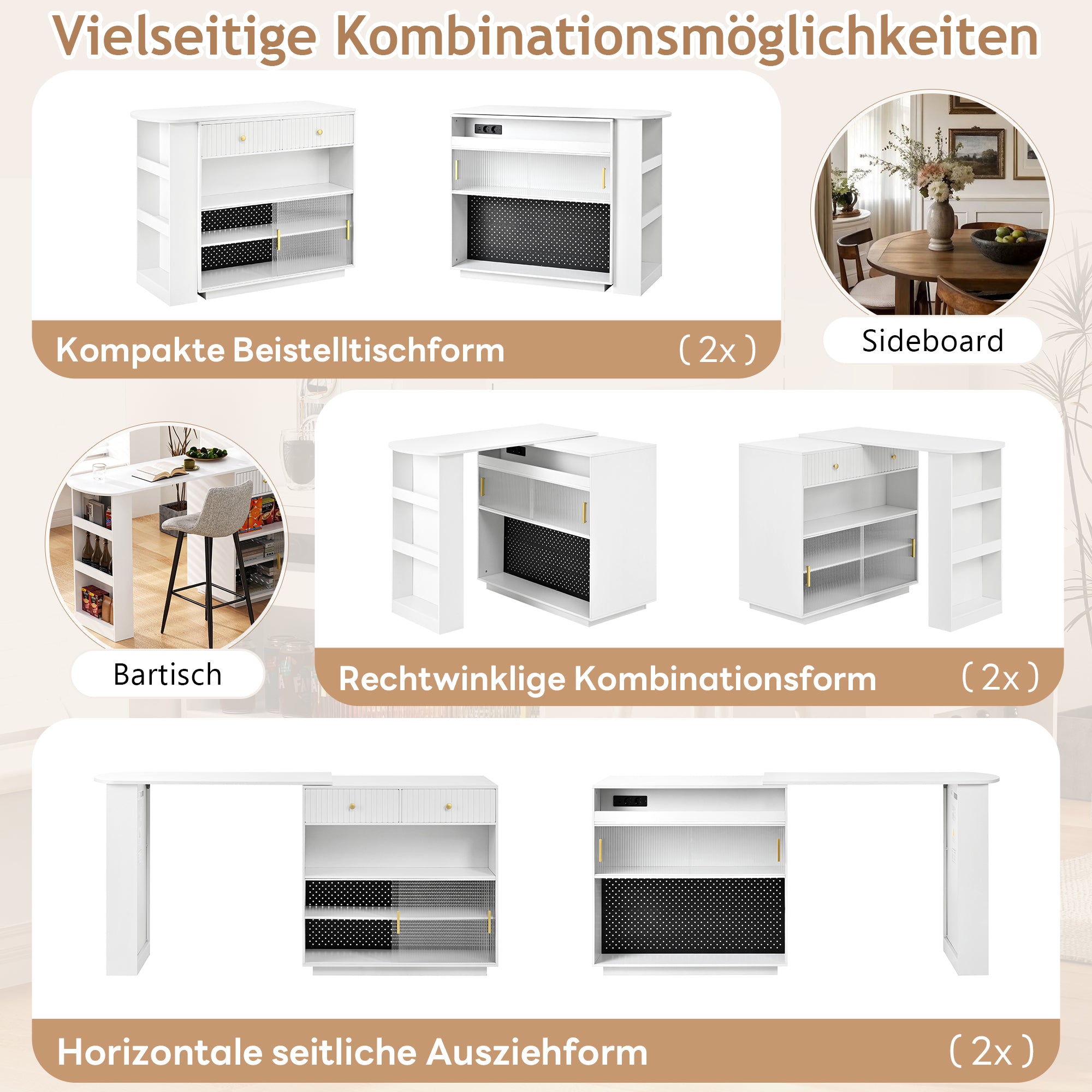 Bar Table Extendable 360° Rotating Sideboard LED Storage Sockets White