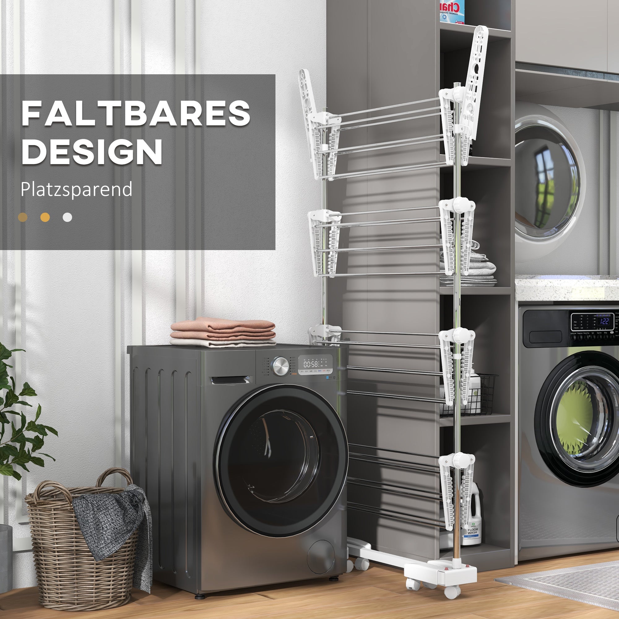 Mobile Clothes Airer, Foldable 4 Levels with Wheels, White ABS