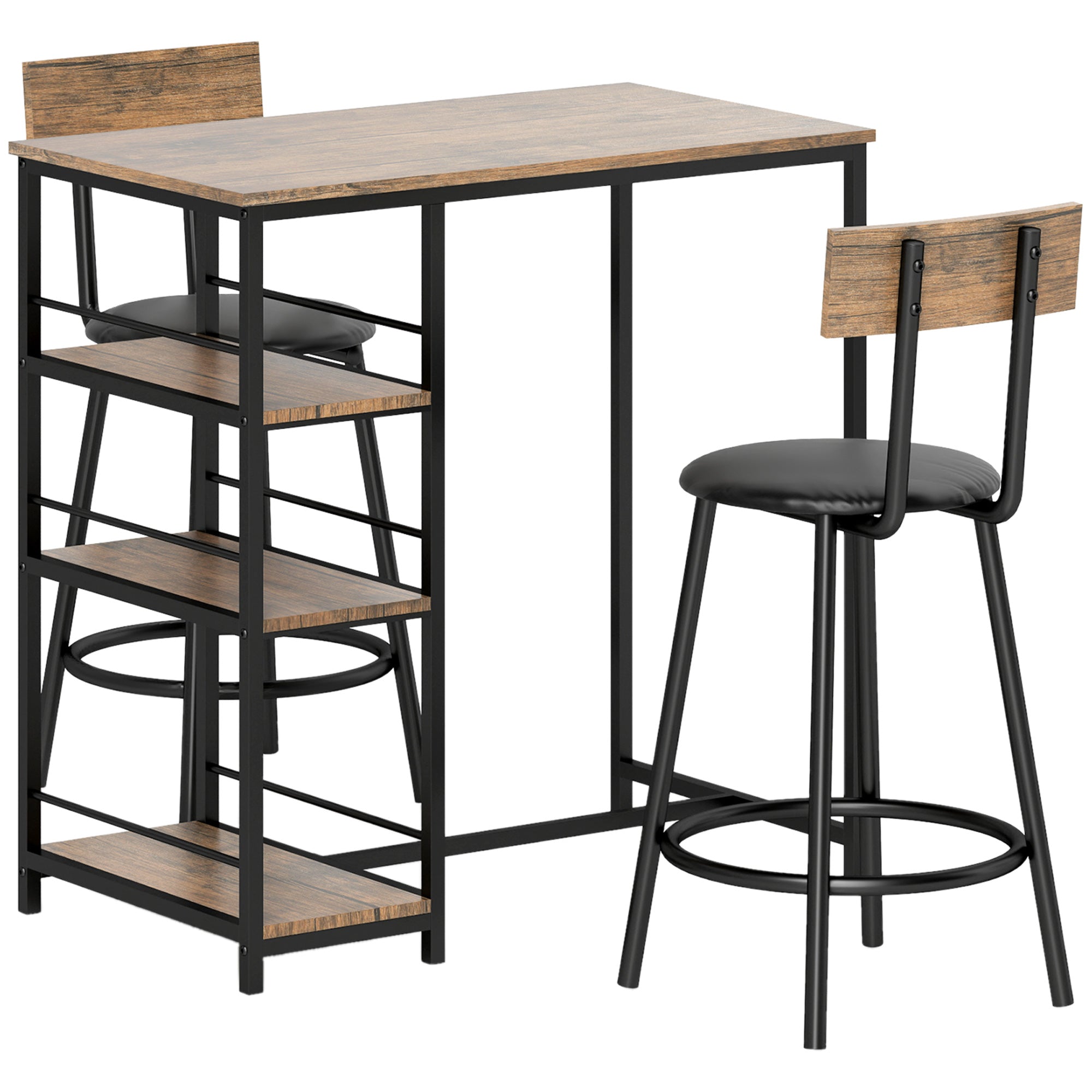 Bar Table with Bar Stool Set, 3-Piece, 3 Shelves, 2 Stools, Modern Style, Steel/Oak