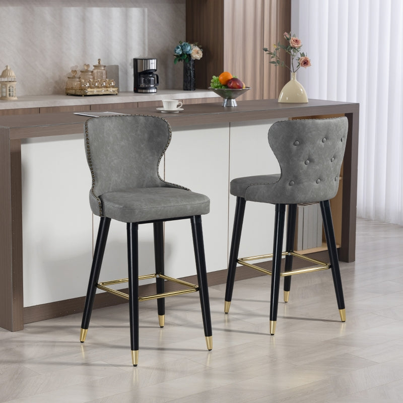 Bar Stools Set of 2 with Back, Footrest and Wood Legs for Kitchen Counter, PU Leather Grey