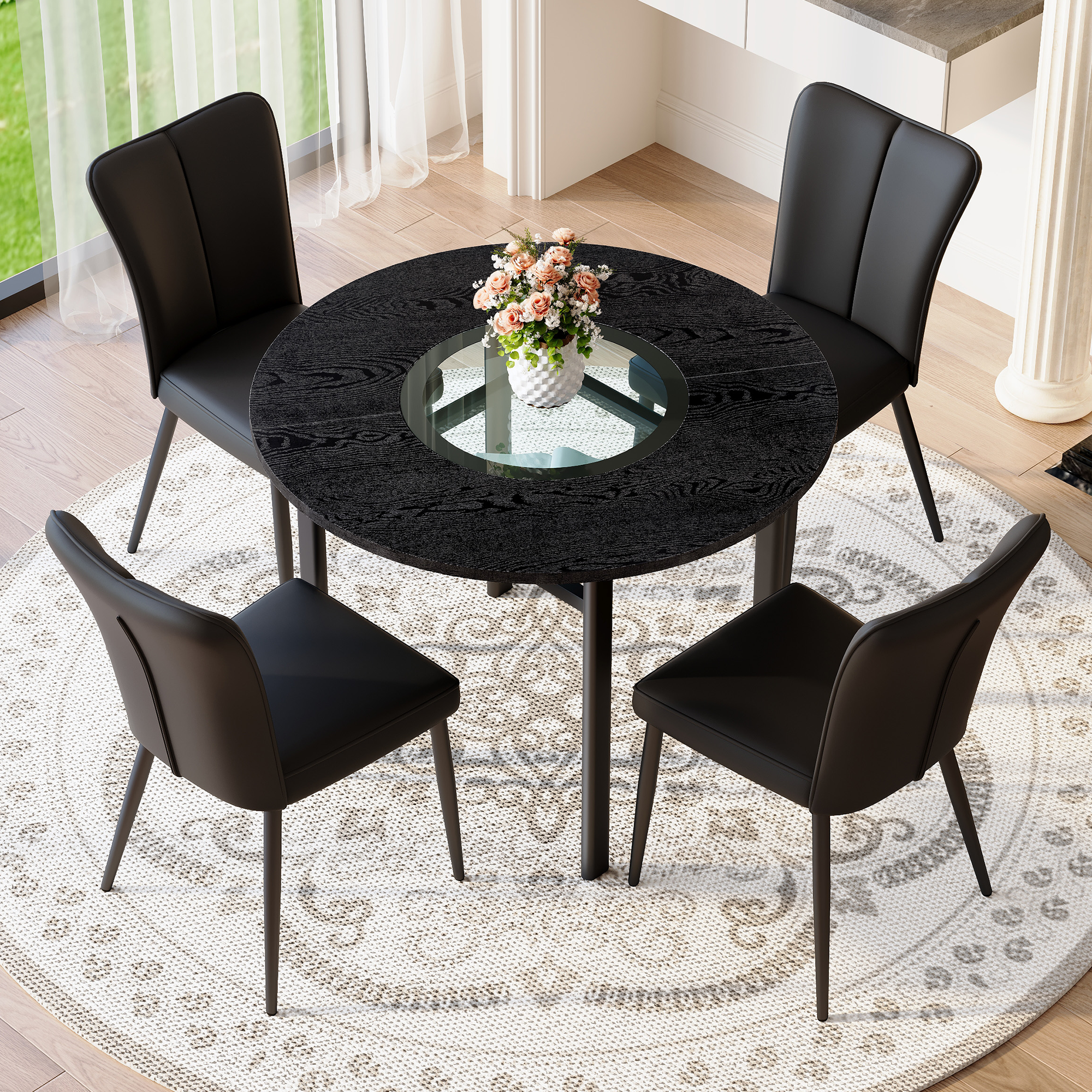 Modern Minimalist Round Table Set, 4 Armchairs, 100cm Diameter, Black PU and Wood Look