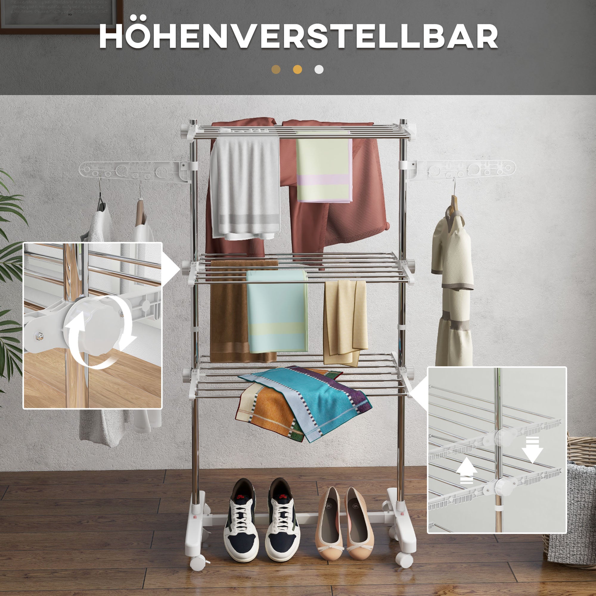 Mobile clothes dryer foldable 3 levels with wheels, for space-saving drying