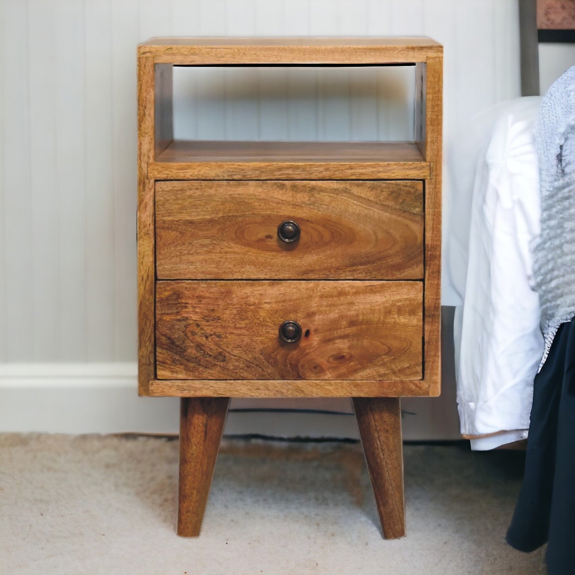 Solid Wood Bedside, Mini Classic Open 2 Drawers and Open Slot, Oak-ish Brown