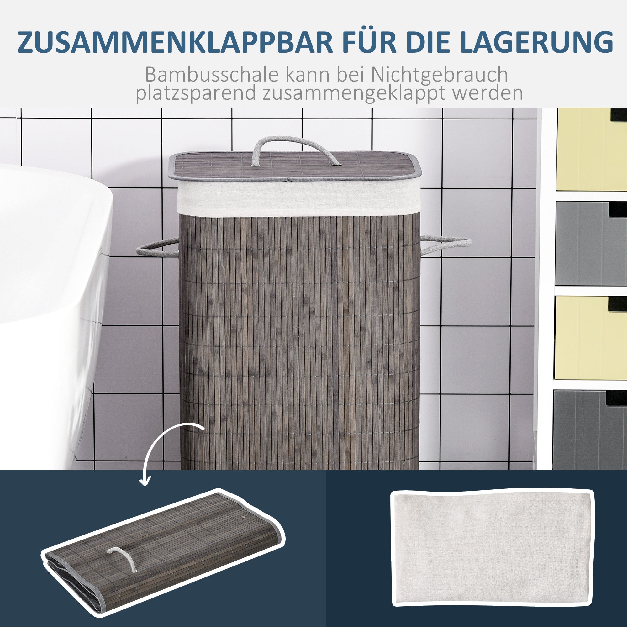 Bamboo Laundry Basket 83L with Lid, Handles, Removable Bag, Gray