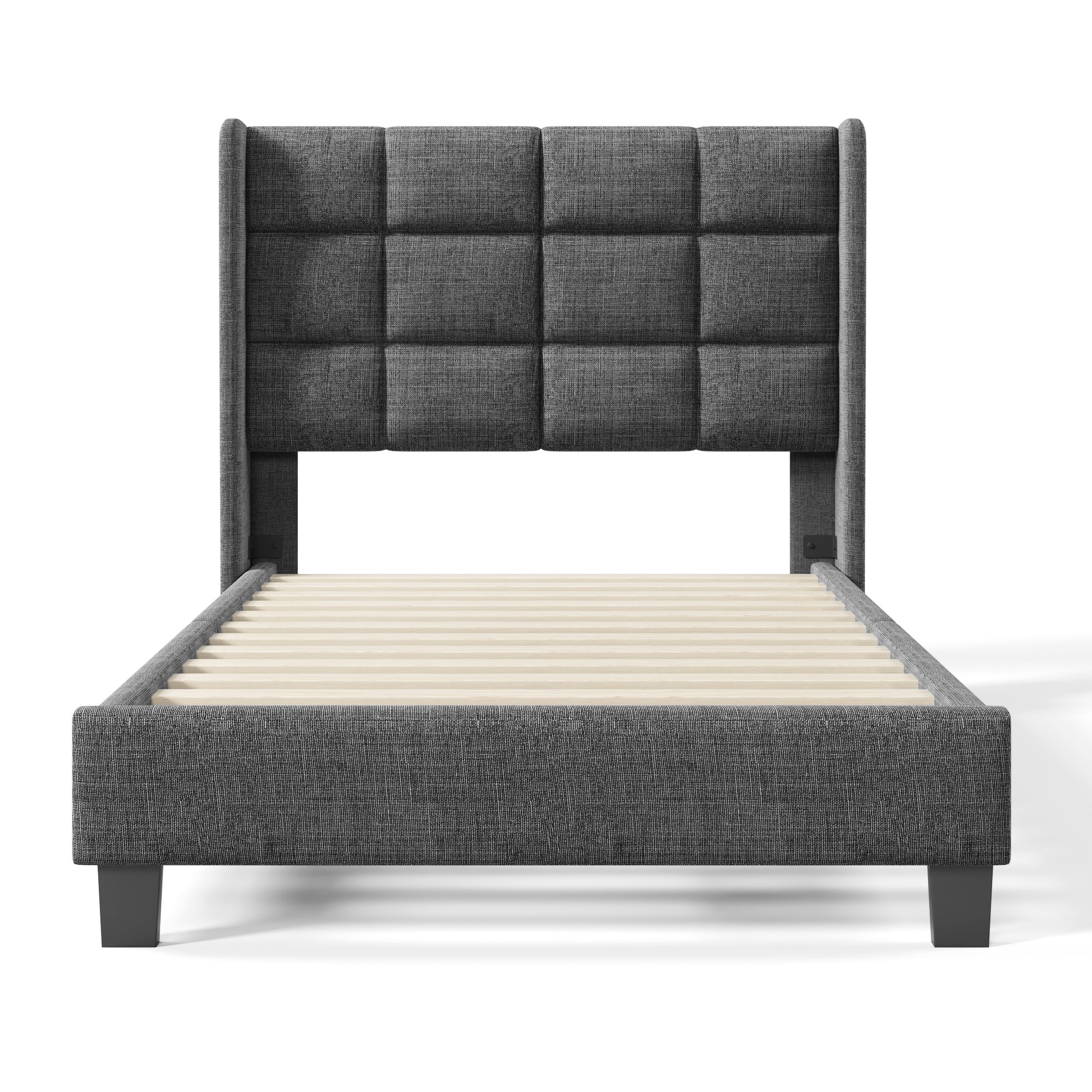 Modern Design Upholstered Bed, Single with Slatted Frame, 90x200cm, Grey Linen