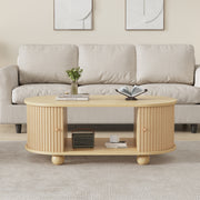 Oval Coffee Table with Storage and Sliding Doors, Multifunctional, Wood Colors