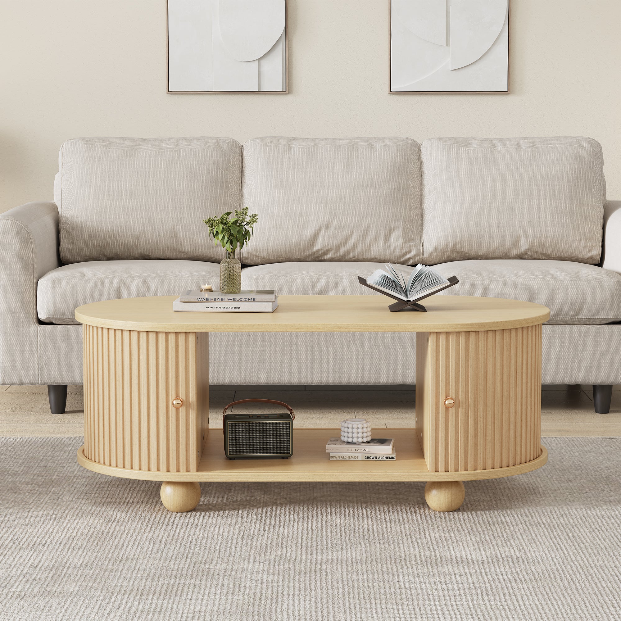 Oval Coffee Table with Storage and Sliding Doors, Multifunctional, Wood Colors