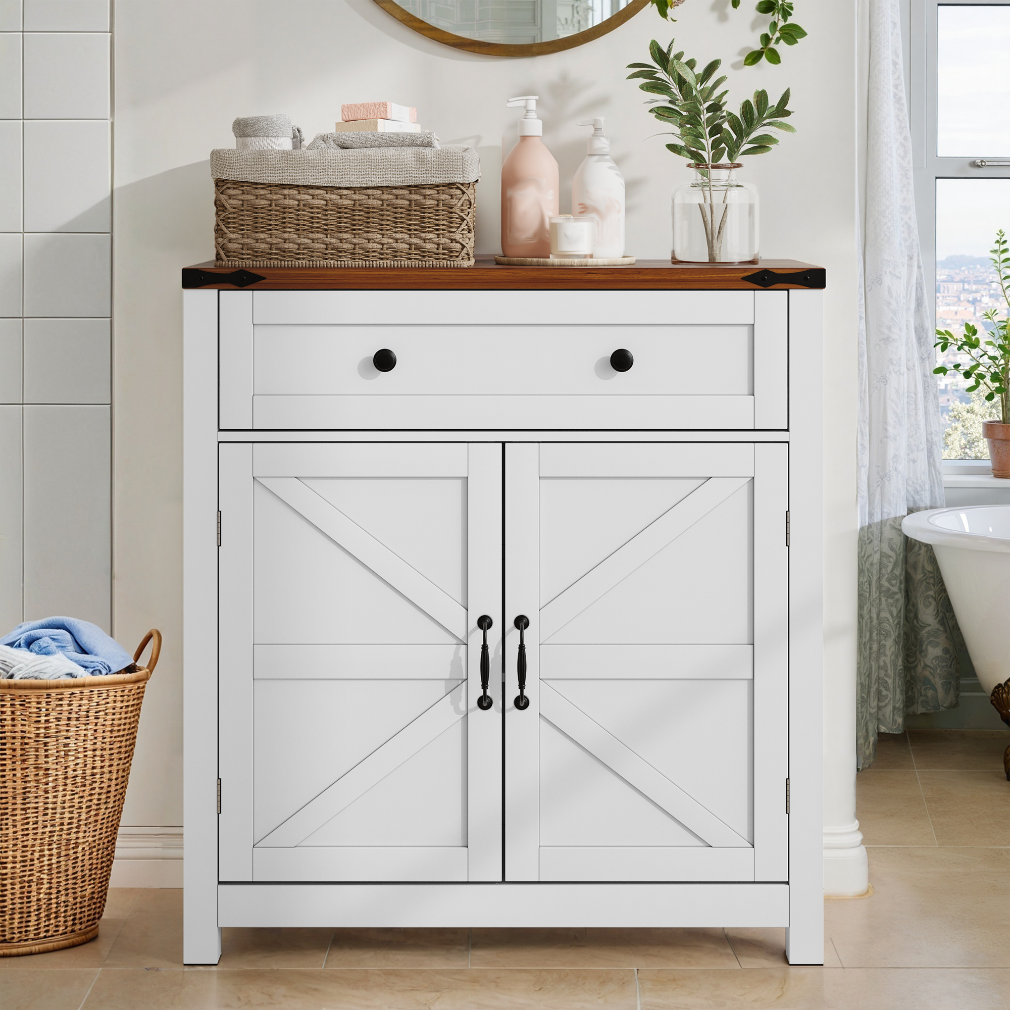 Farmhouse Storage Cabinets with Drawers and Adjustable Shelves, White with Walnut Countertops