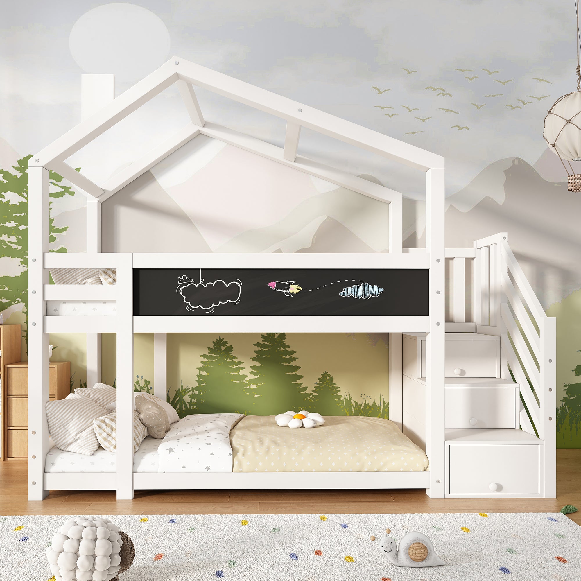 Children's Treehouse Bunk Bed 90x200cm, Storage, Fall Protection, White