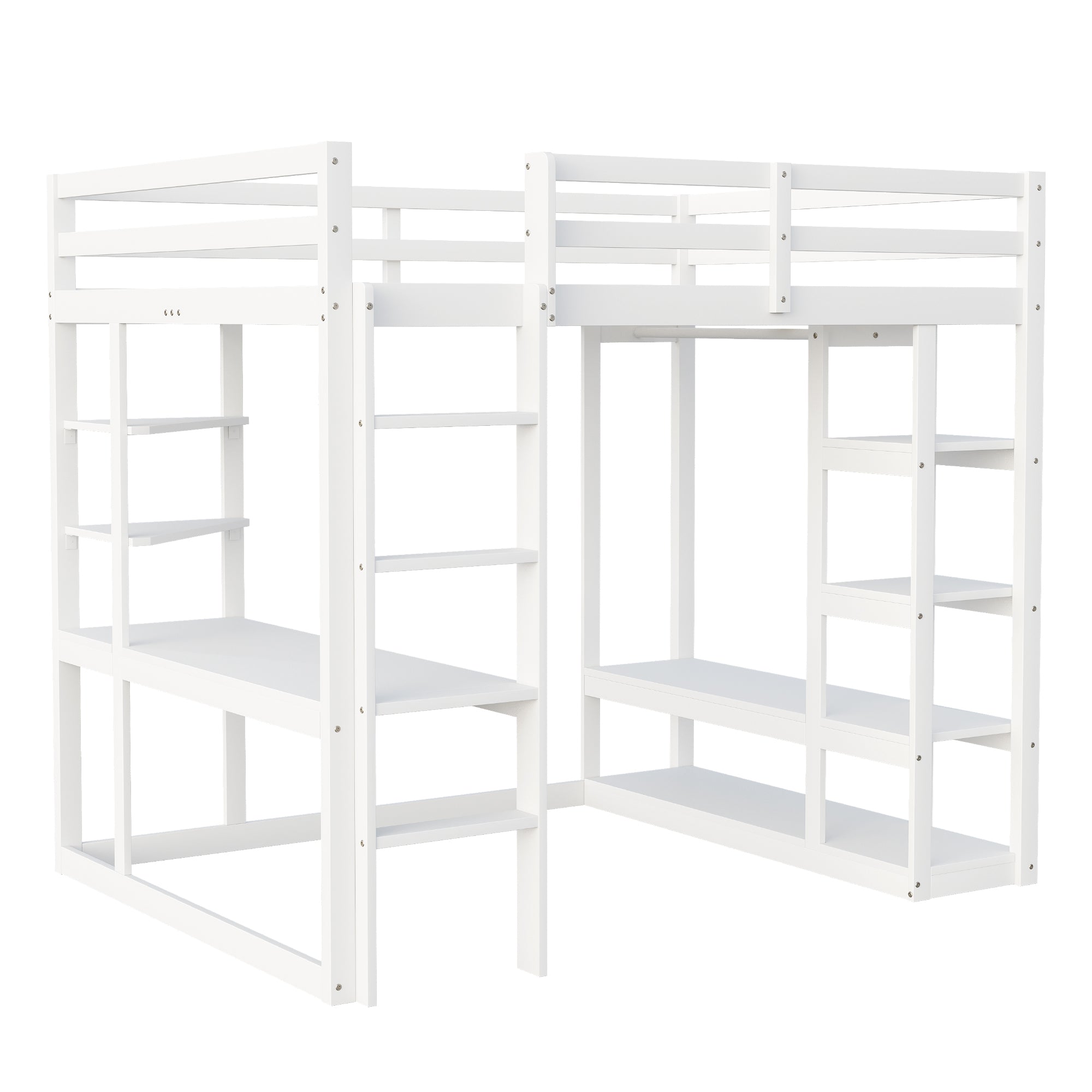 Loft Bed with Ladder, 140x200cm, Table, Shelves, Solid Wood White