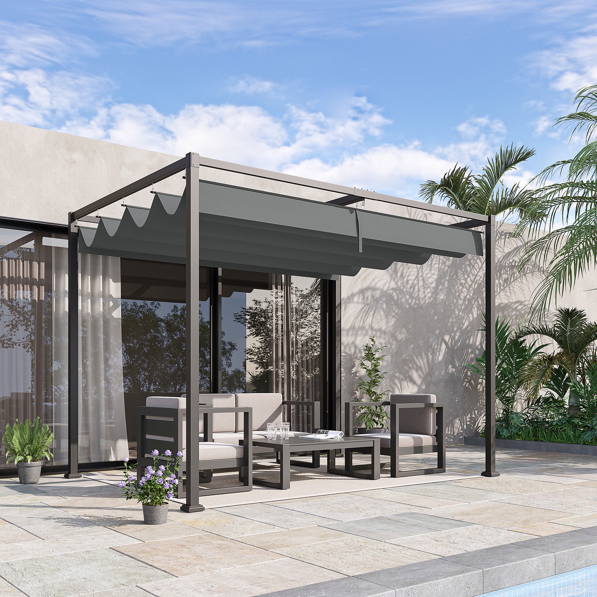 Pergola Pavilion Patio Cover, Sliding Roof 298 x 213 x 221 cm, Weatherproof Polyester Grey
