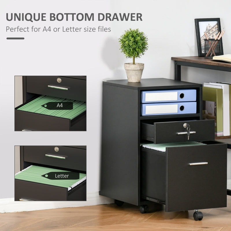 Lockable Two-Drawer Filing Cabinet with Wheels, Black Engineered Wood
