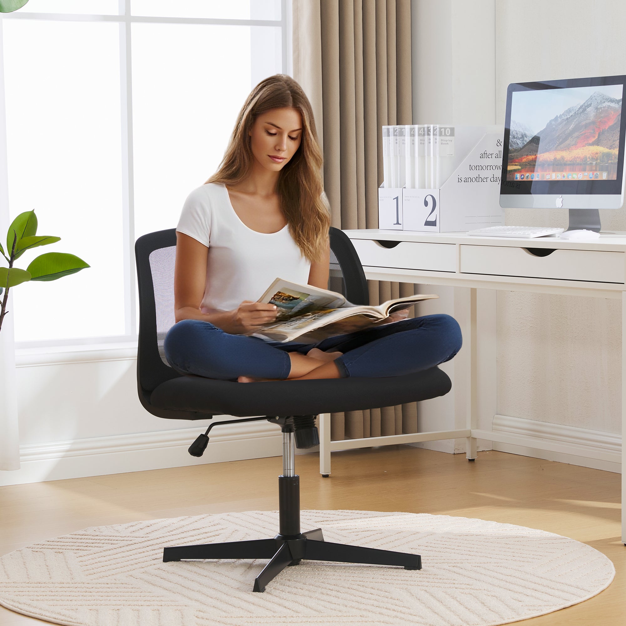 Armless Office Chair, Reading Chair, Upholstered, Rocking, Height Adjustable, 360° Rotatable