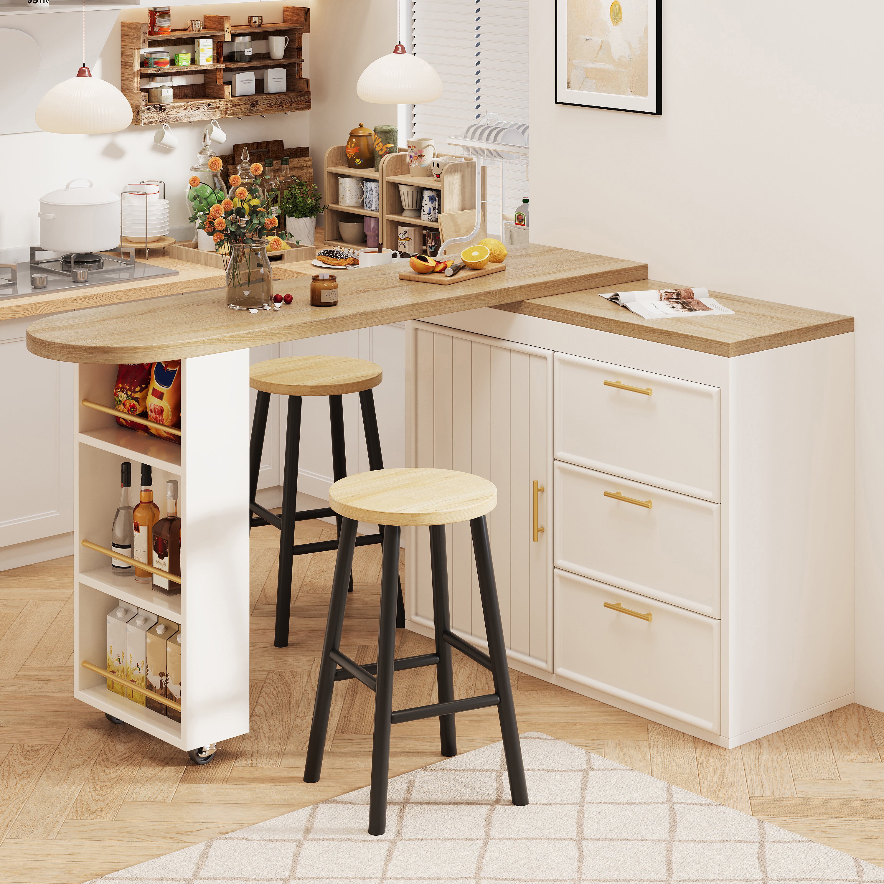 Bar Table with 360° Swivel, 3 Drawers and Storage Shelves, White