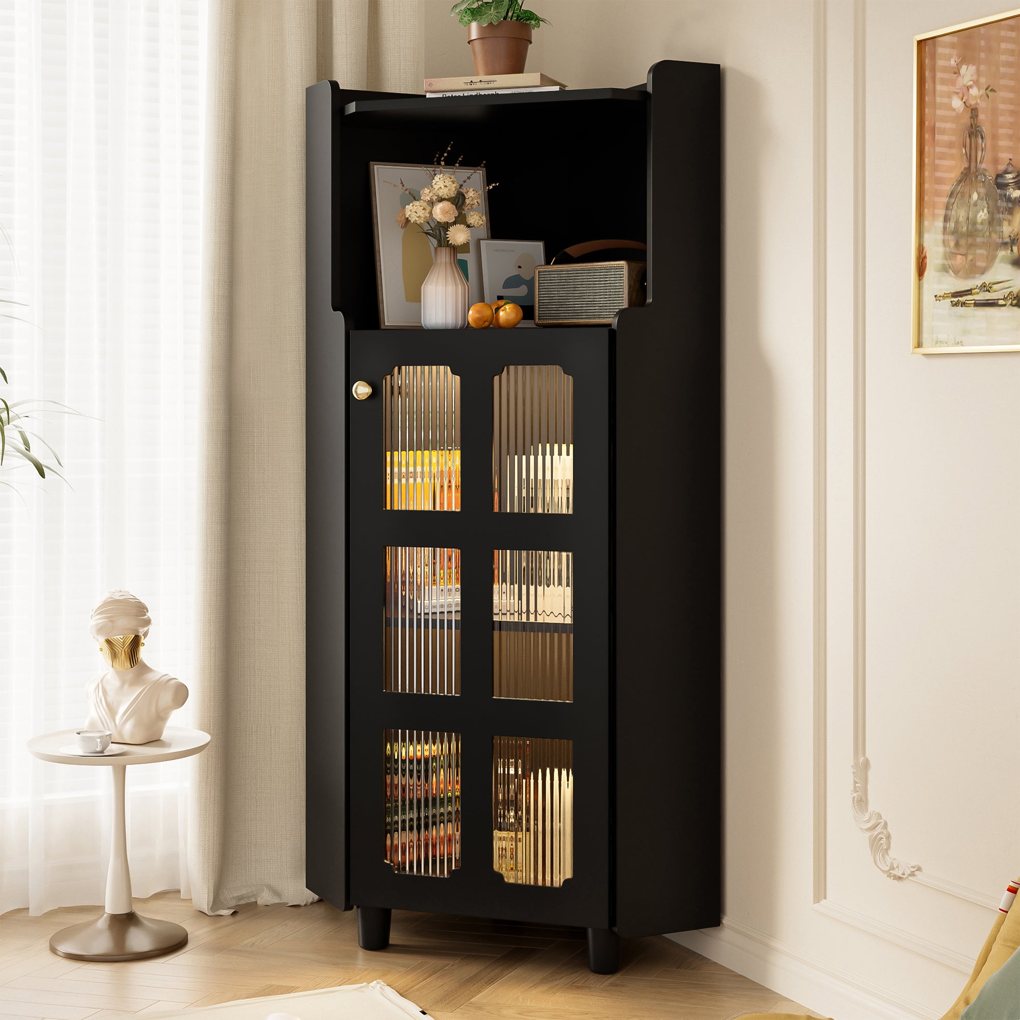 Corner Cabinet, LED Lighting Storage Chest of Drawers, Black Lacquered