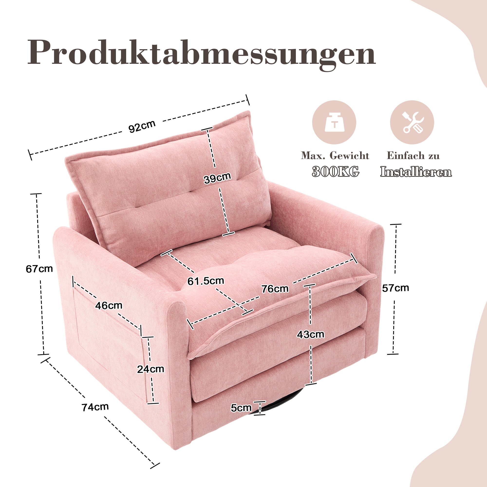 Lounge Chair, 360° Rotating Single Sofa with Armrests & Cushions, Modern Style