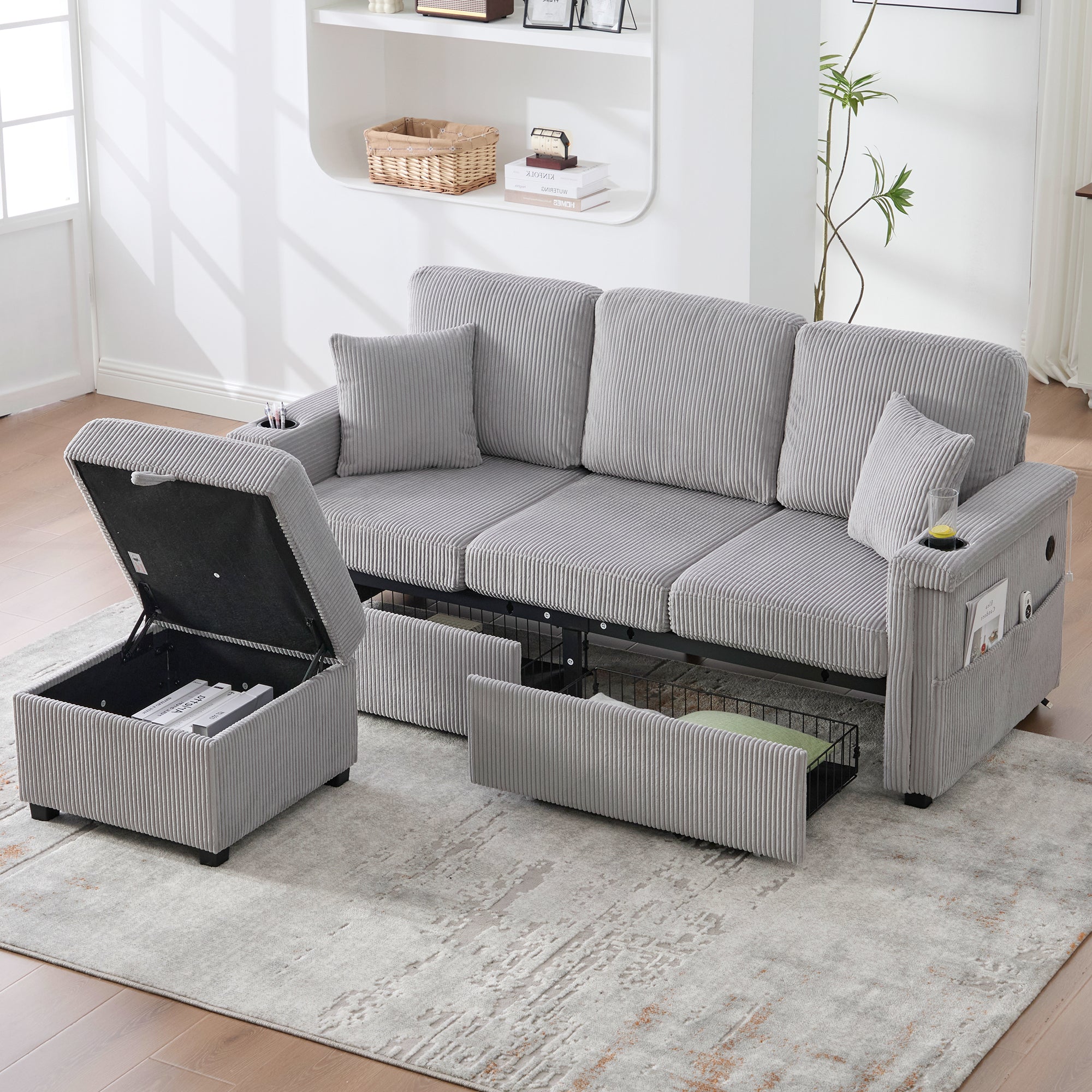 Velvet Sofa, LED, USB-C, Storage Ottoman, Cup Holders, Side Pockets - Light Gray