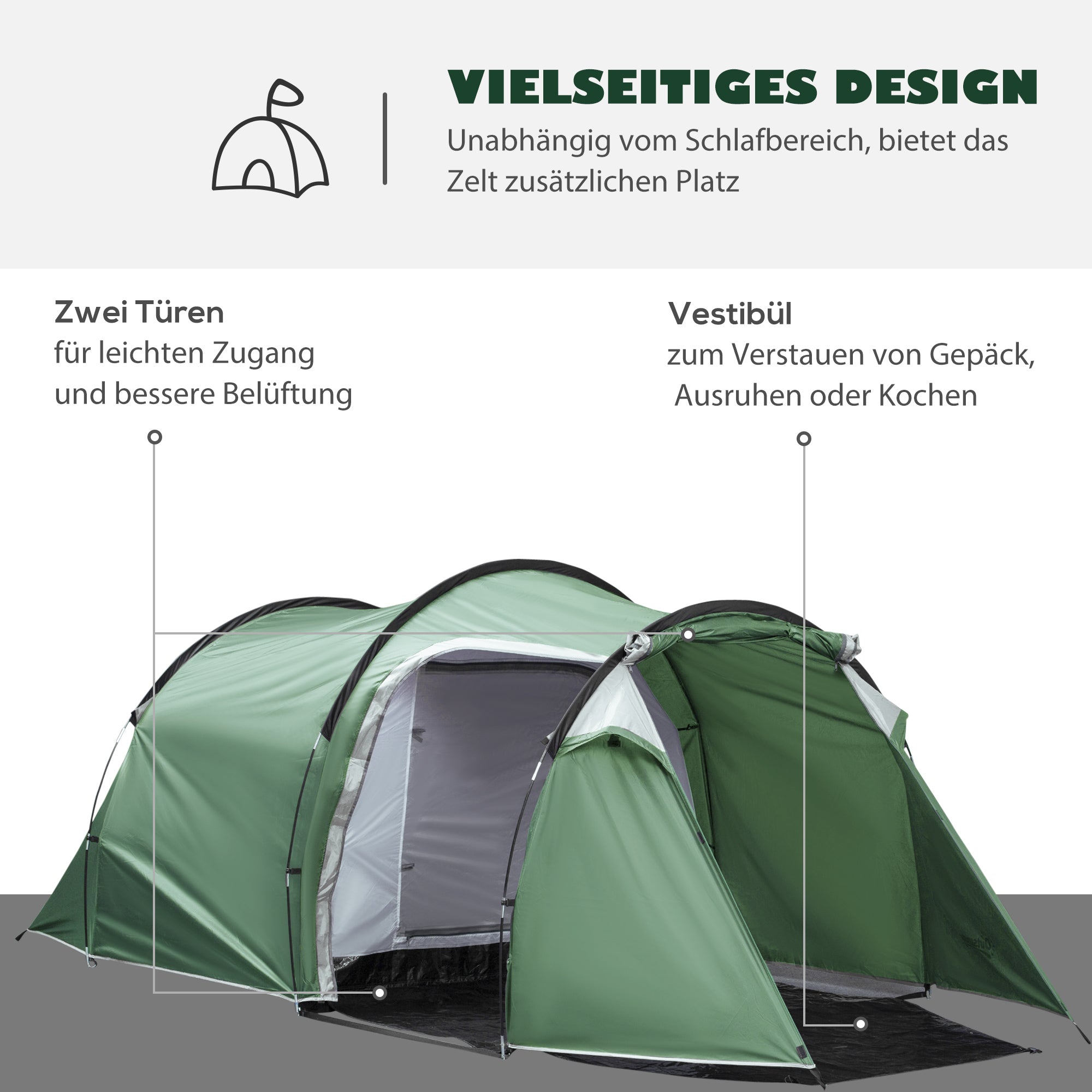Tunnel Tent, 2-3 Persons, Camping, Dark Green