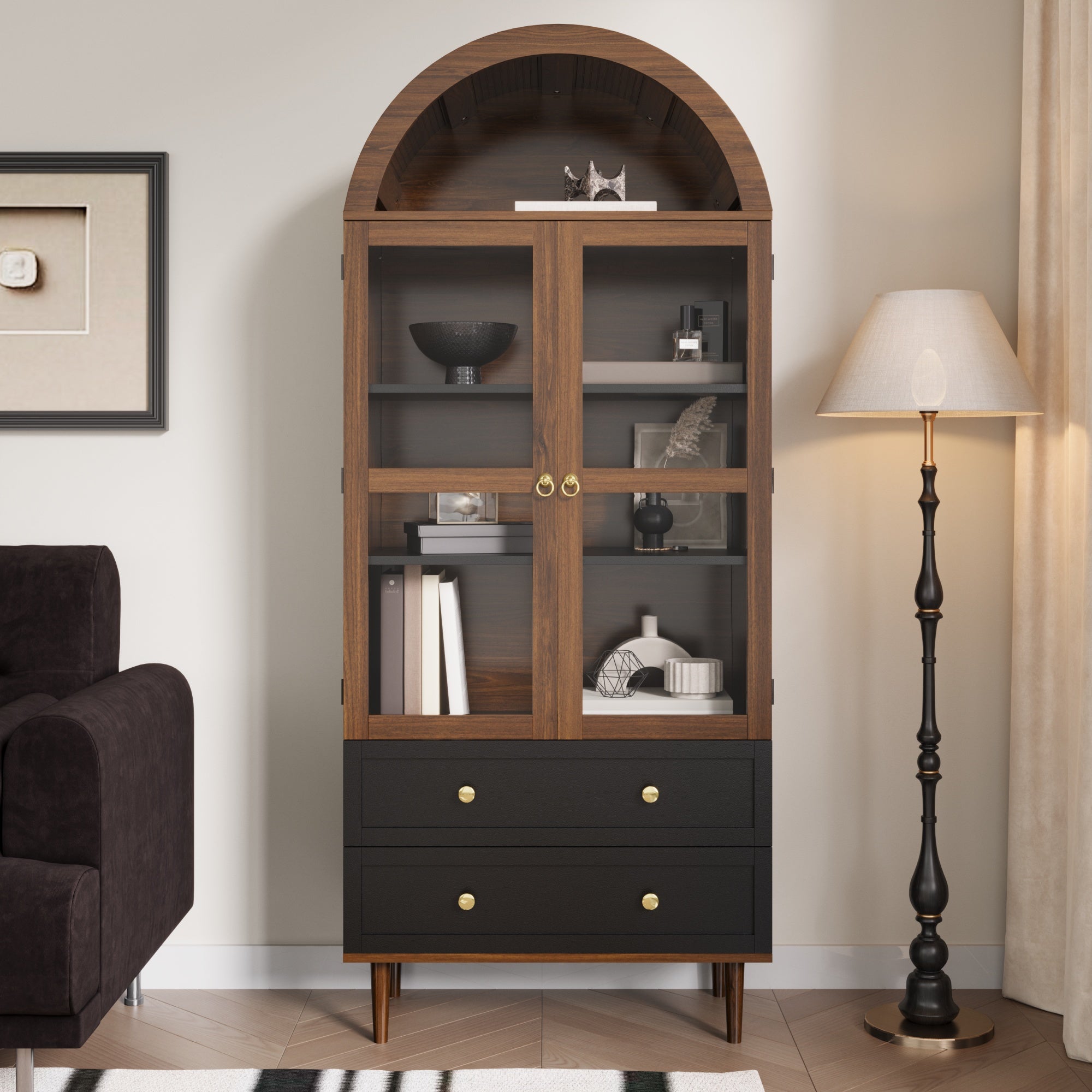 Retro Storage Cabinet with Adjustable Shelves and Curved Glass, Luxurious Sideboard