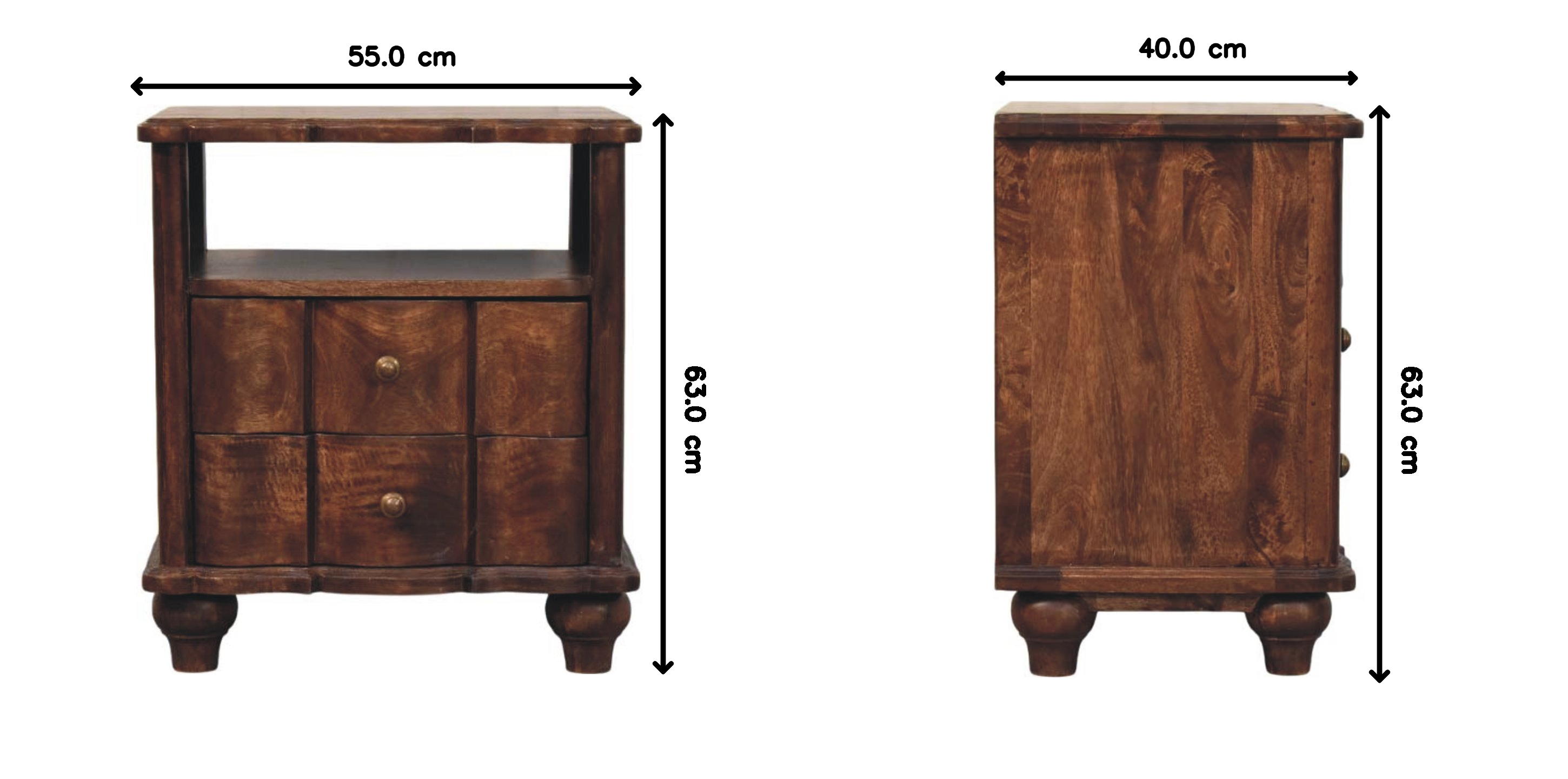 Nightstand 2-Drawer with Open Shelf, Solid Wood Brown