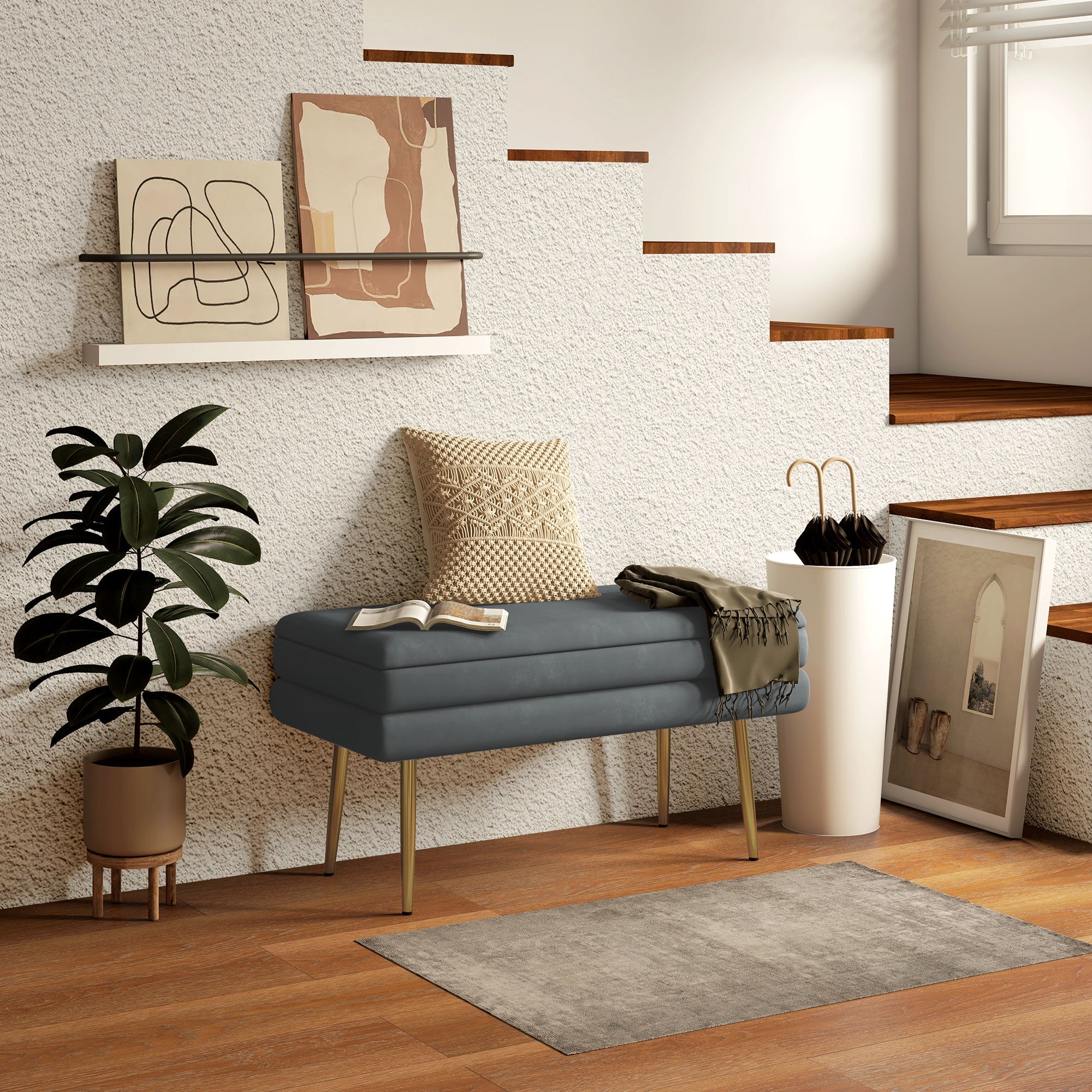 Upholstered Storage Bench, Bed/Shoe Bench Steel Legs, 79.5x37.5x43cm, Grey Velvet