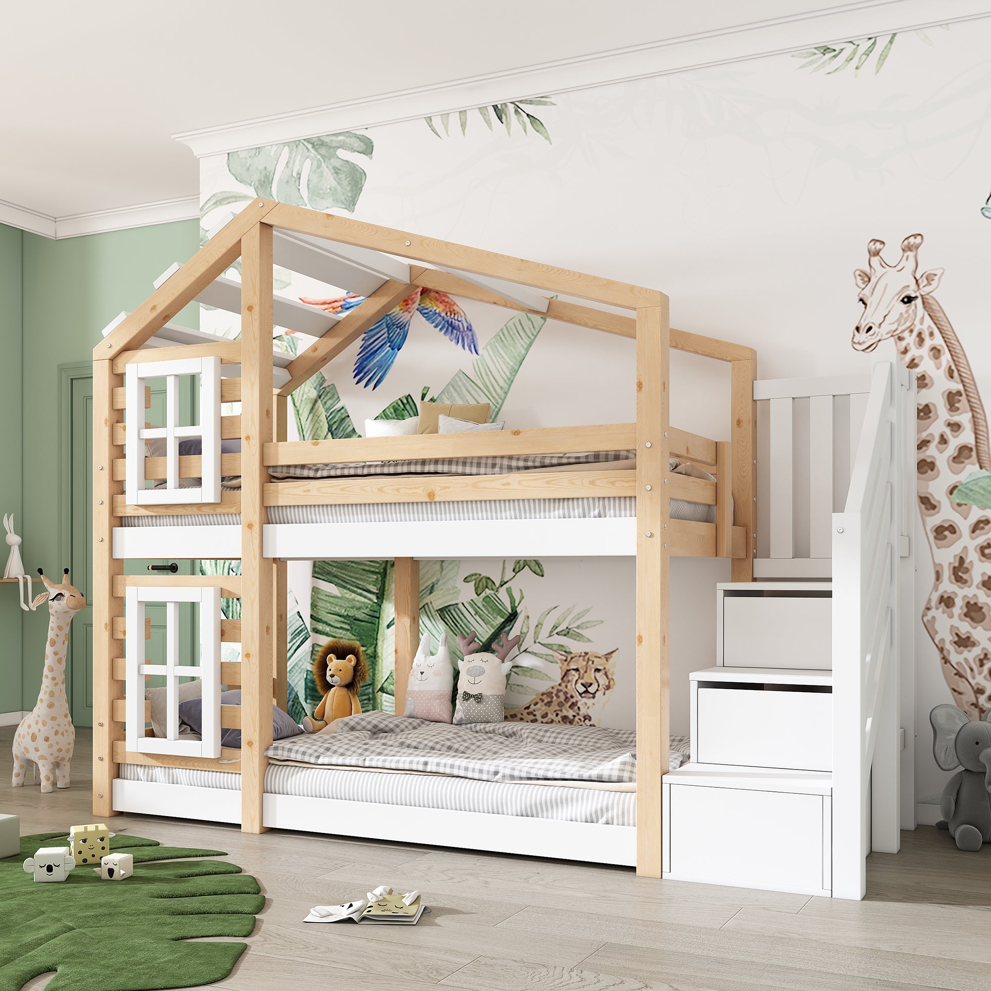 Children's Treehouse Bunk Bed 90x200cm Window Design Storage - Natural & White