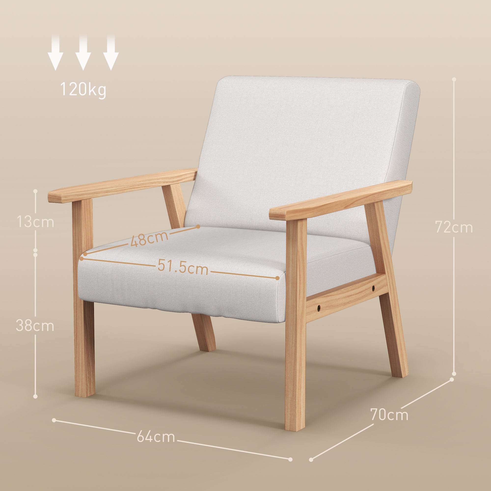 Accent Chair Wide Seat Armchair with Thick Cushions, Wood Frame, Cream White Linen