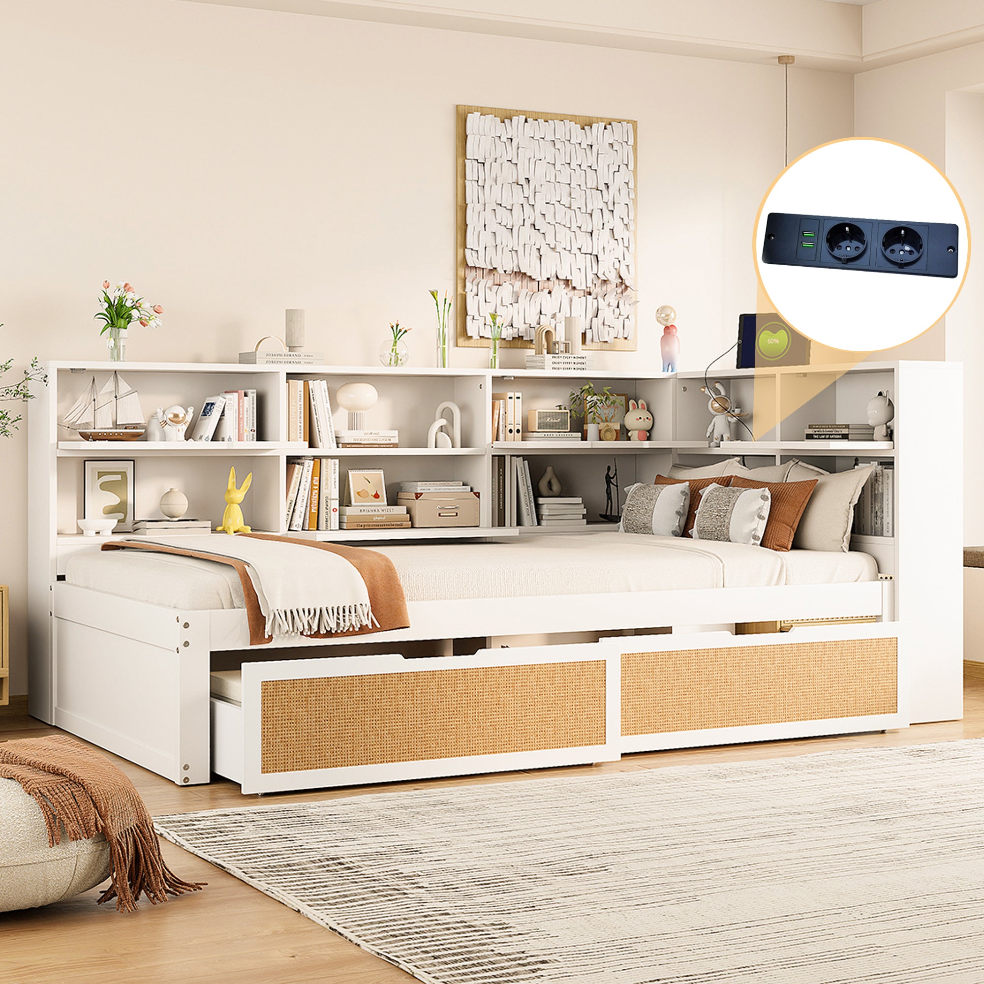 Sofa Bed, 90x200cm Multifunctional Single Bed with Drawer & Charging Port, White Solid Wood
