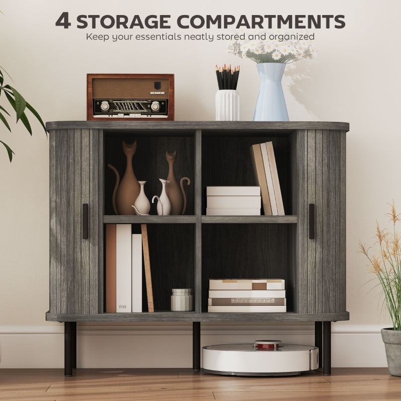 Mid-Century Modern Sideboard Storage Cabinet Slatted Tambour Sliding Doors Steel Legs Grey