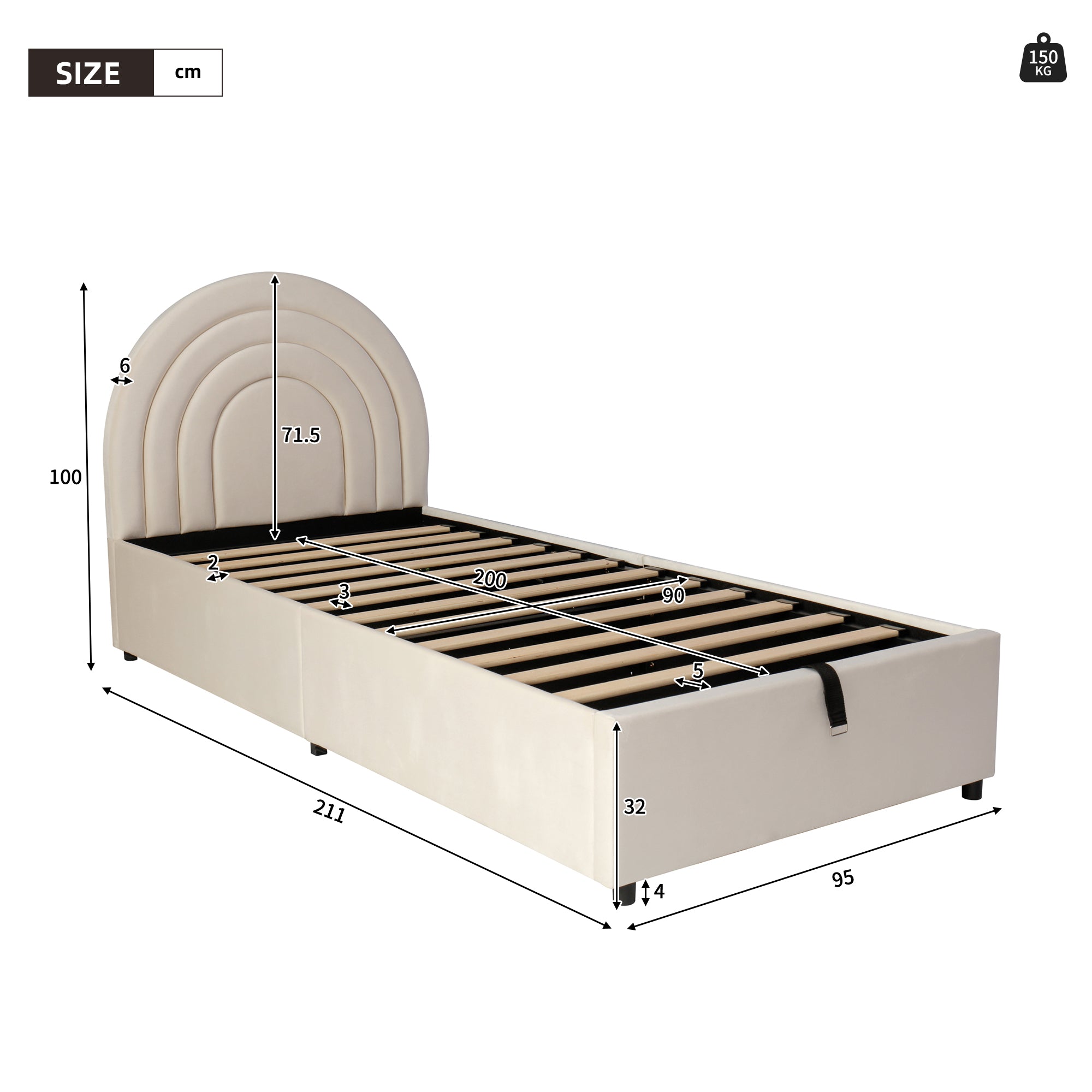 Upholstered Single Bed 90x200 with Slatted Base and Headboard, Beige Velvet