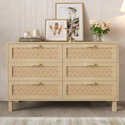 Sideboard & Chest of Drawers, 6-Drawer Rattan Look, Natural Wood