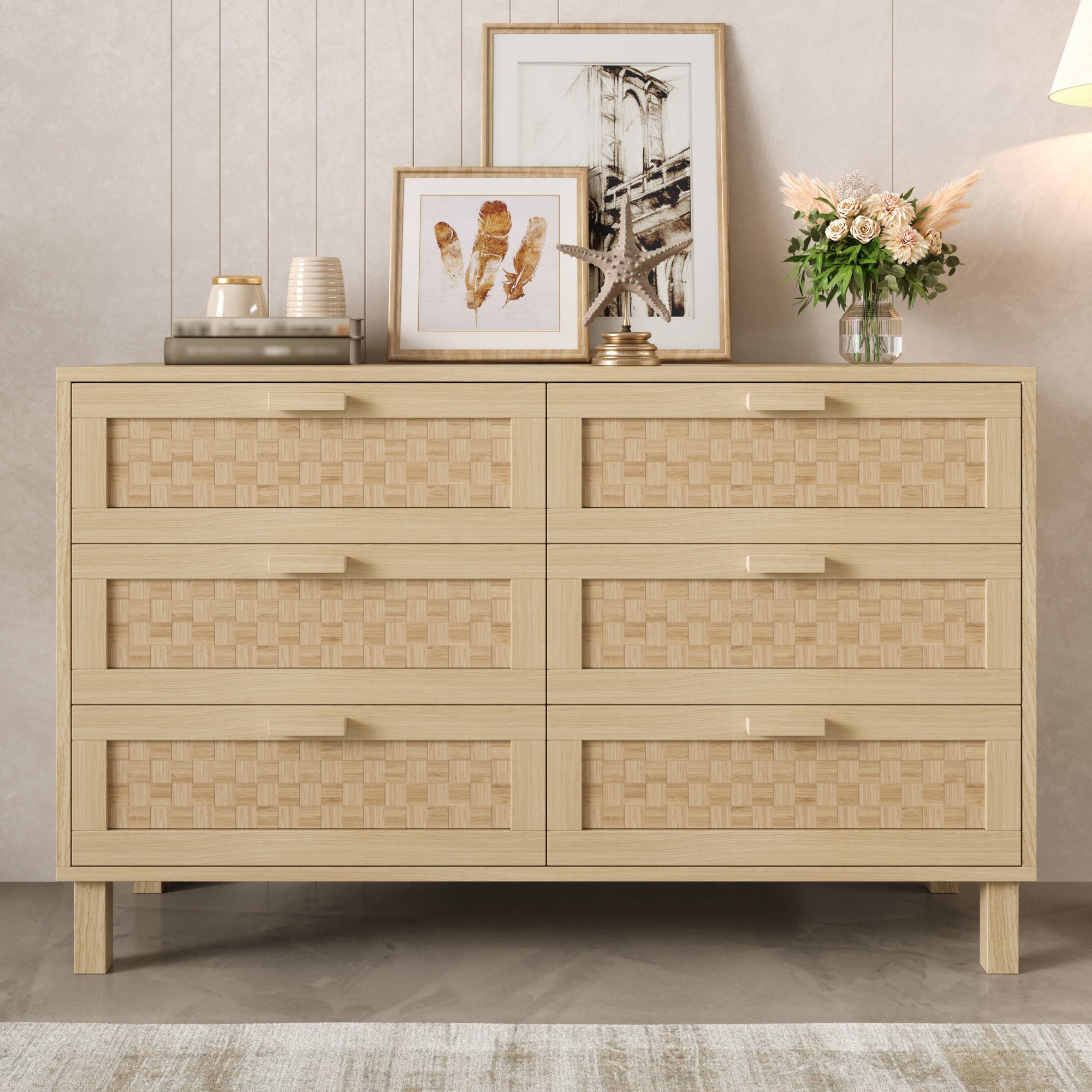 Sideboard & Chest of Drawers, 6-Drawer Rattan Look, Natural Wood