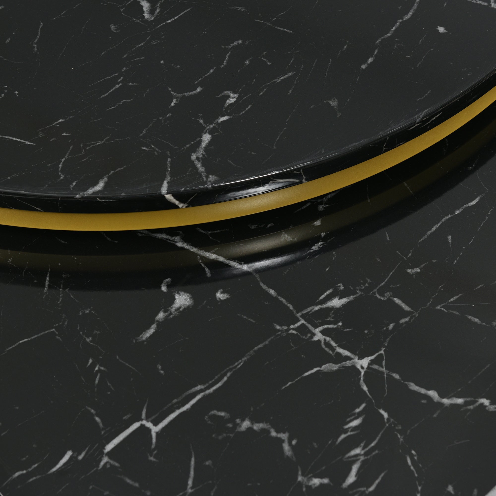 Modern Nesting Coffee Table, Set of 2 Round Side Tables with High Gloss Marble Pattern, Black MDF