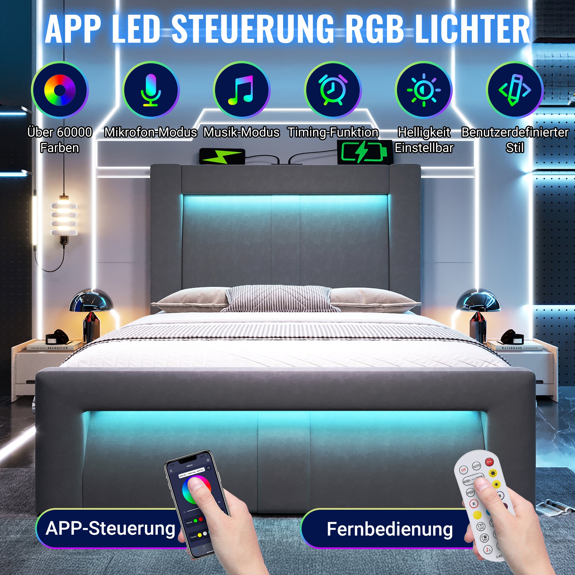 Single Bed 90x200cm Hydraulic Storage LED App USB/Type-C Velvet Grey