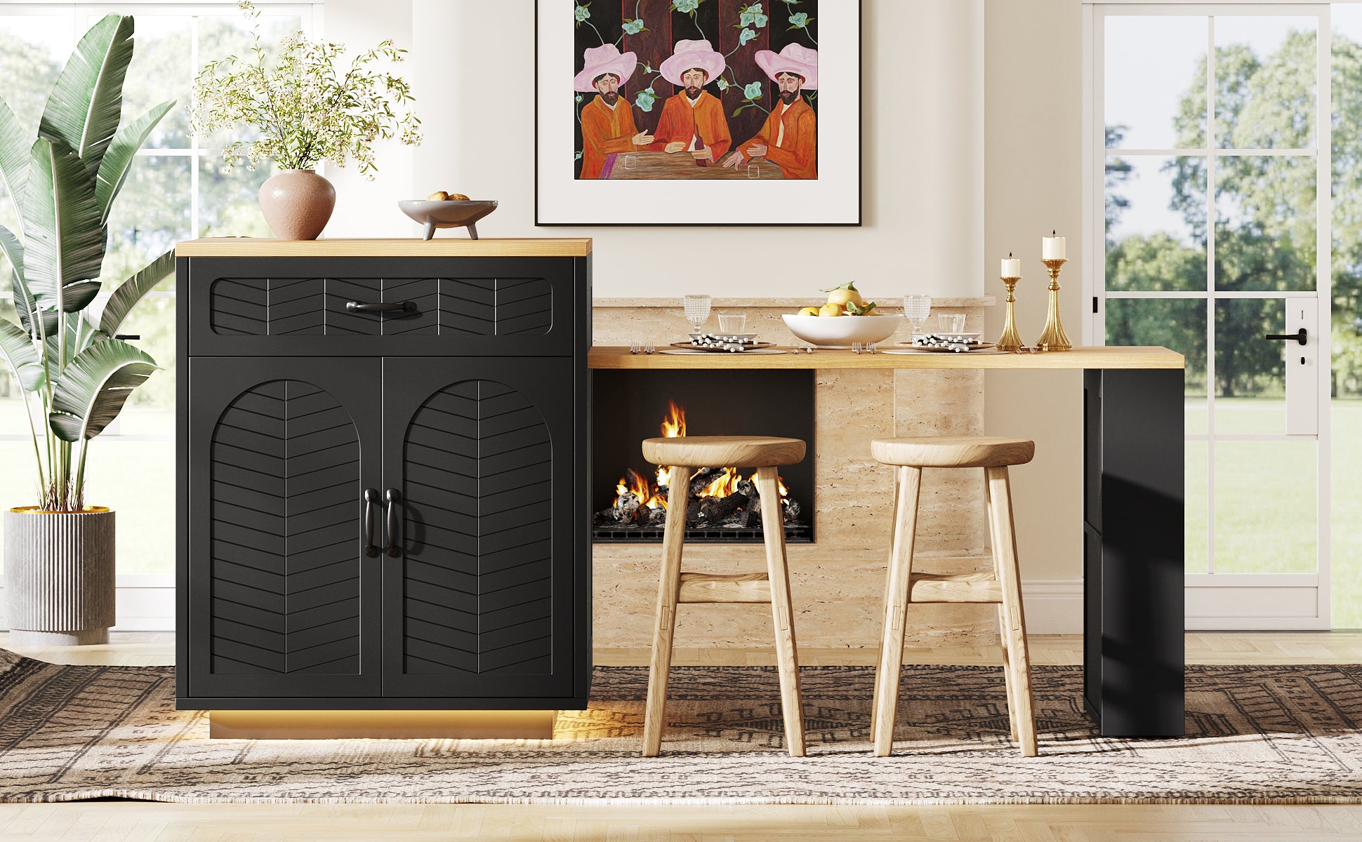 Kitchen Island with Pull-out Table and Storage Drawers, Black and White