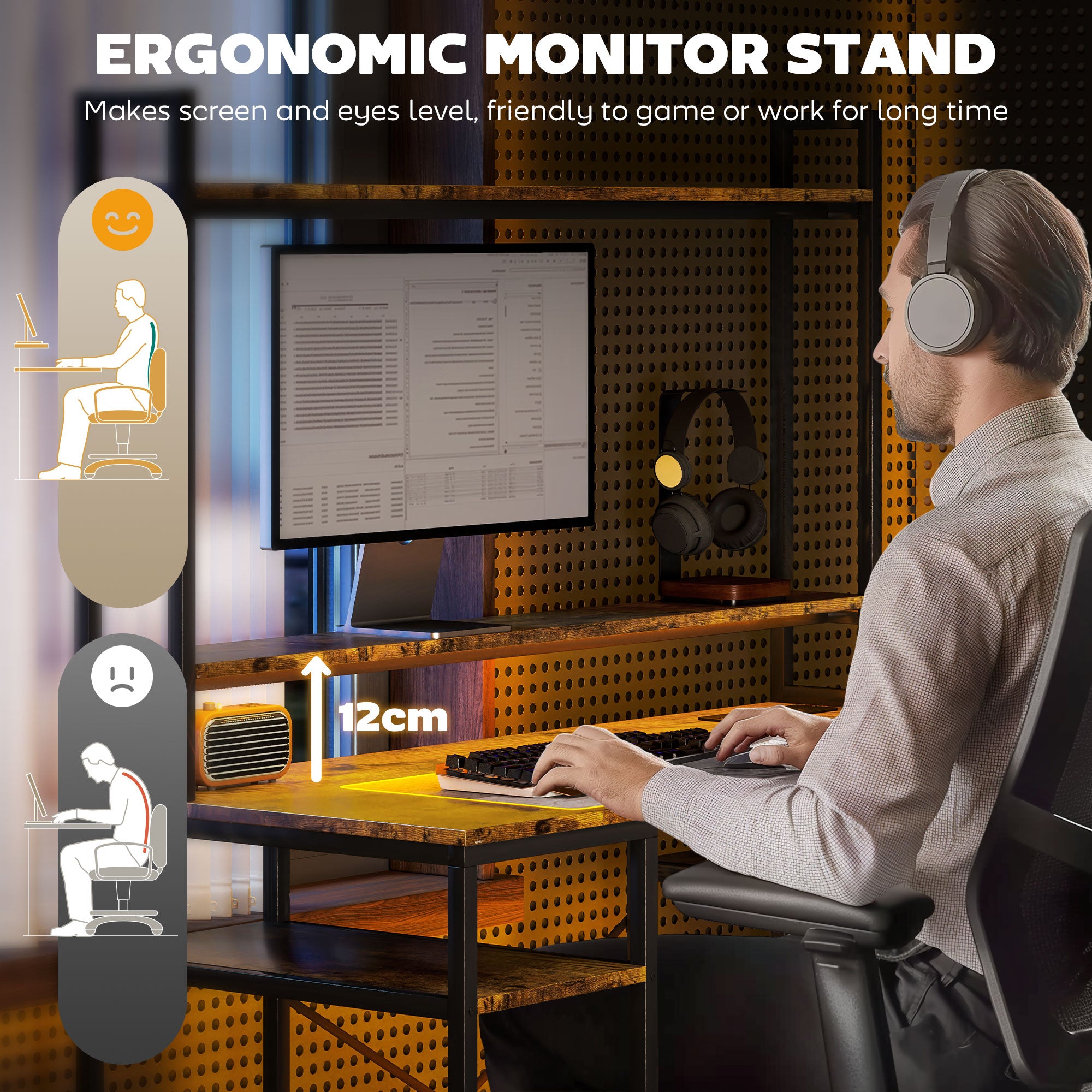 Computer Desk with Power Outlets, LED Lights, Hutch, Storage Shelves, Rustic Brown