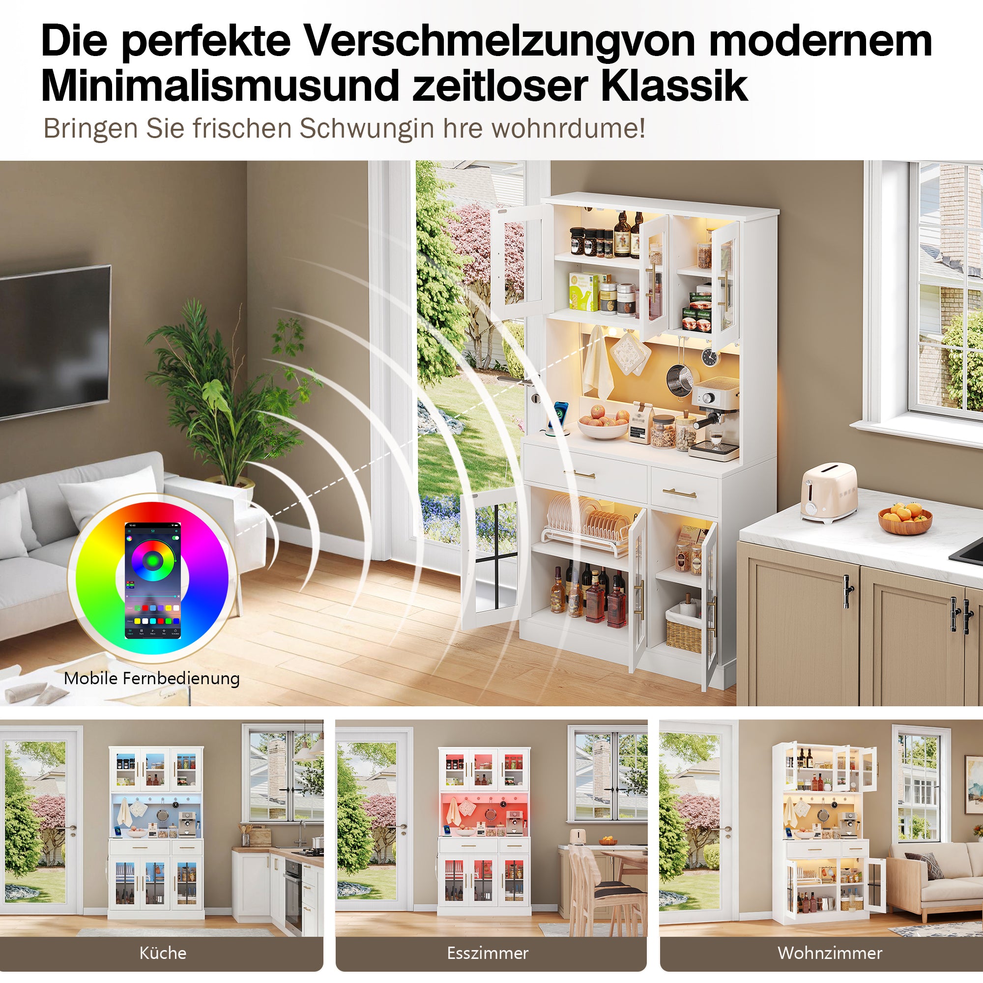 Kitchen Sideboard 180x100cm LED Socket 6 Doors 2 Drawers Adjustable Shelves - White