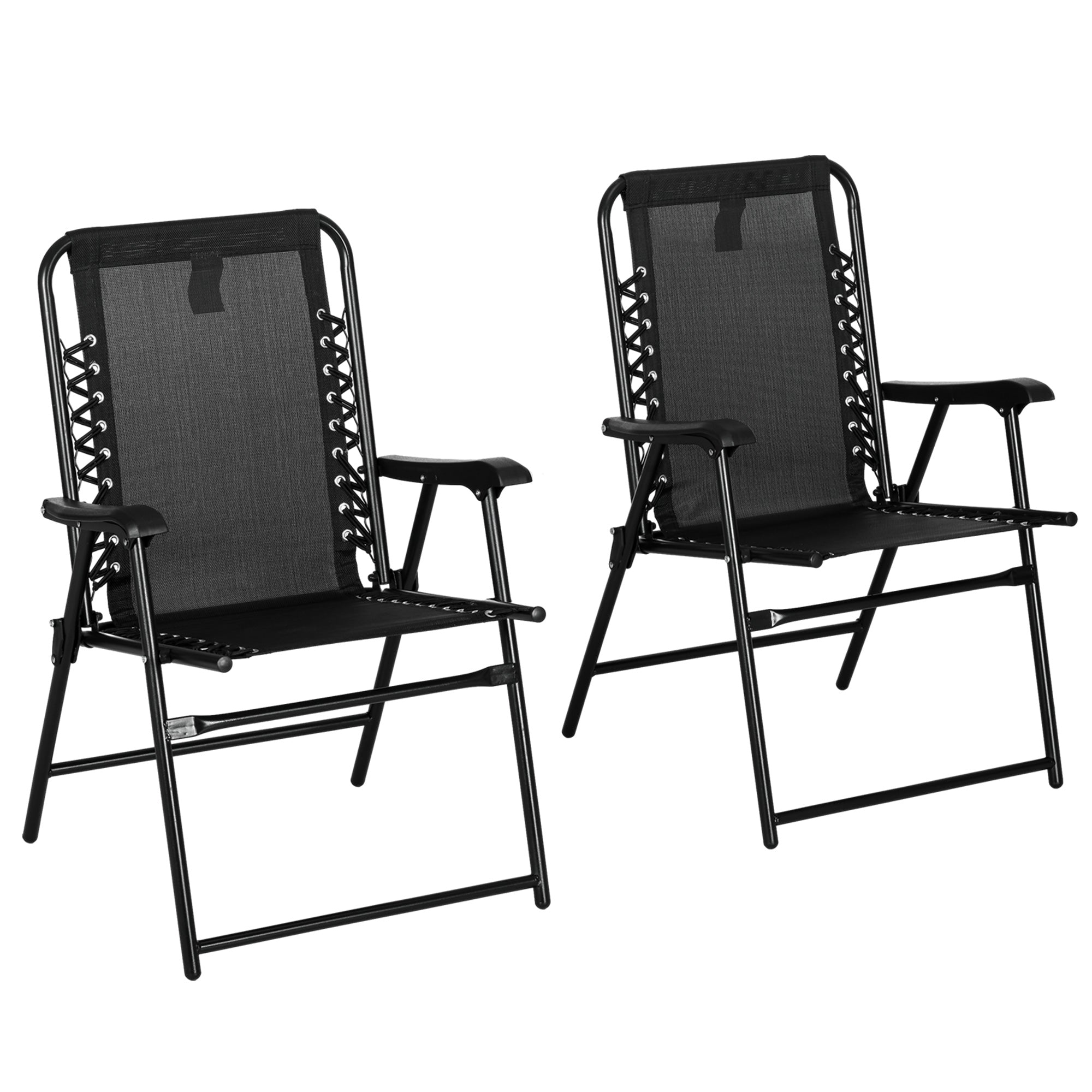 2 Pcs Patio Folding Chair Set Outdoor Portable Loungers with Armrest Steel Frame, Black