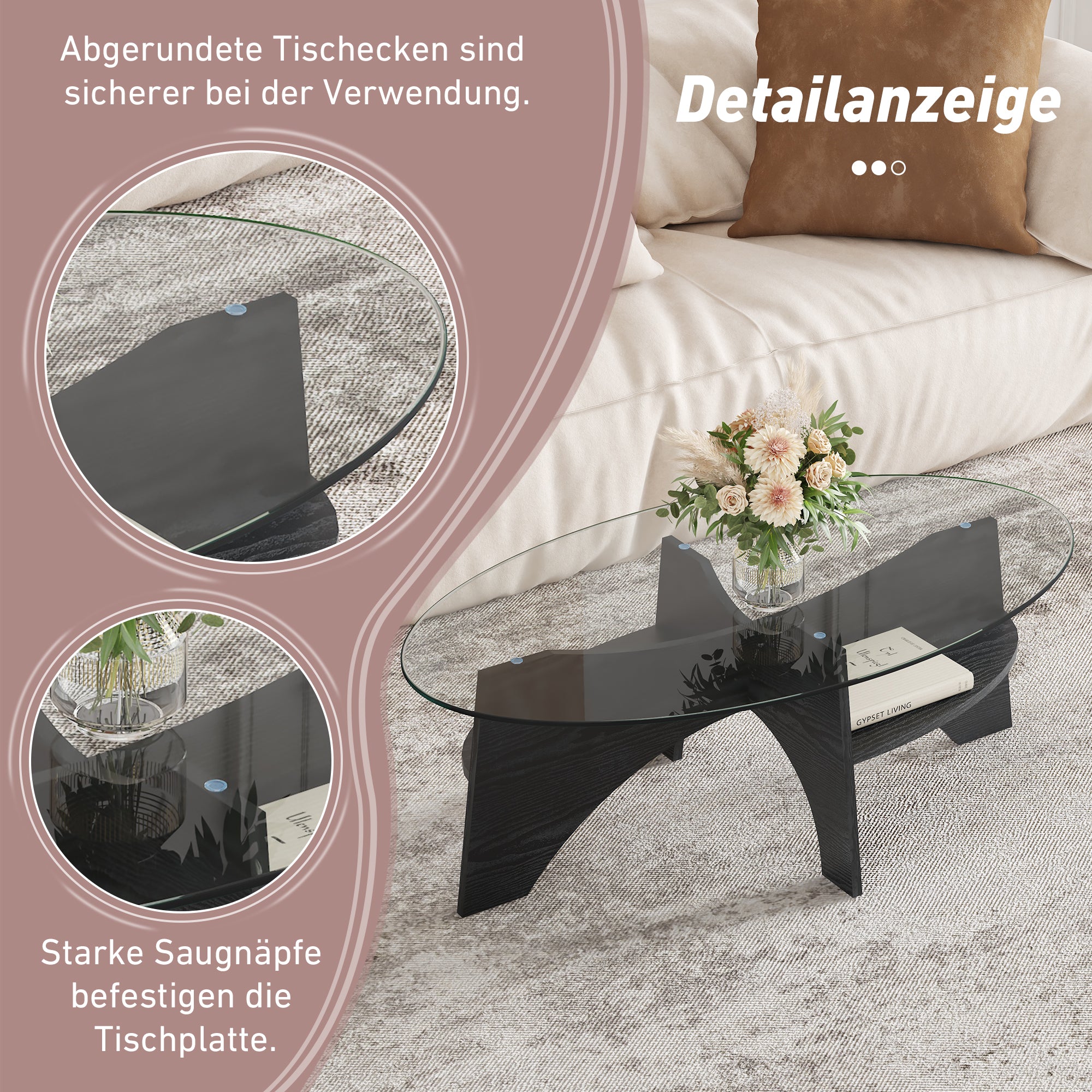 Modern Oval Side Table Multifunctional Safety Glass 105x60cm Black Wood Look